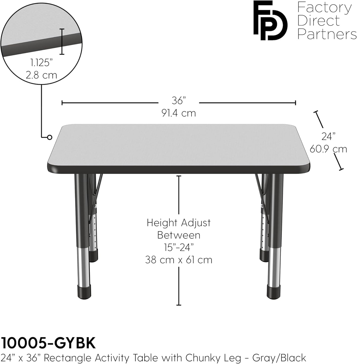 FDP Rectangle Activity School and Classroom Kids Table (24 x 36 inch), Chunky Toddler Leg, Adjustable Height 15-24 inches - Gray Top and Black Edge