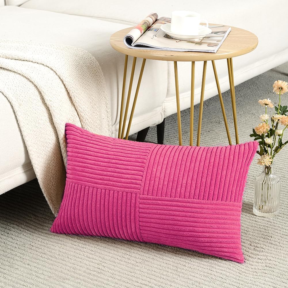Fancy Homi 2 Packs Hot Pink Long Lumbar Decorative Throw Pillow Covers 12x24 Inch for Couch Bed Sofa, Rustic Farmhouse Boho Home Decor, Soft Striped Corduroy Rectangle Accent Cushion Case 30x60 cm