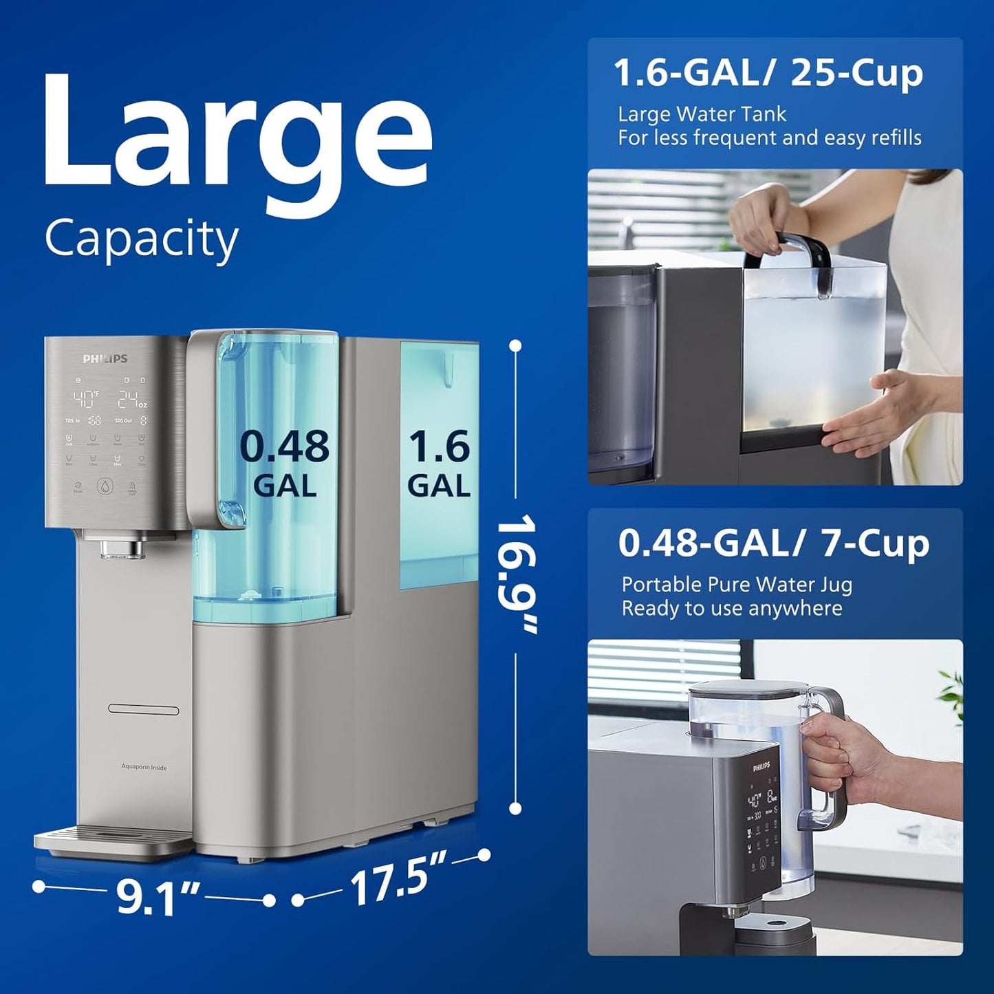 Reverse Osmosis Water Filter Countertop, Philips 40°F Cold Water Countertop RO System 6 Stage Filtration with UV Light, Instant Boiling Water 6 Temperature Settings NSF/ANSI 372 Certified, TDS Monitor