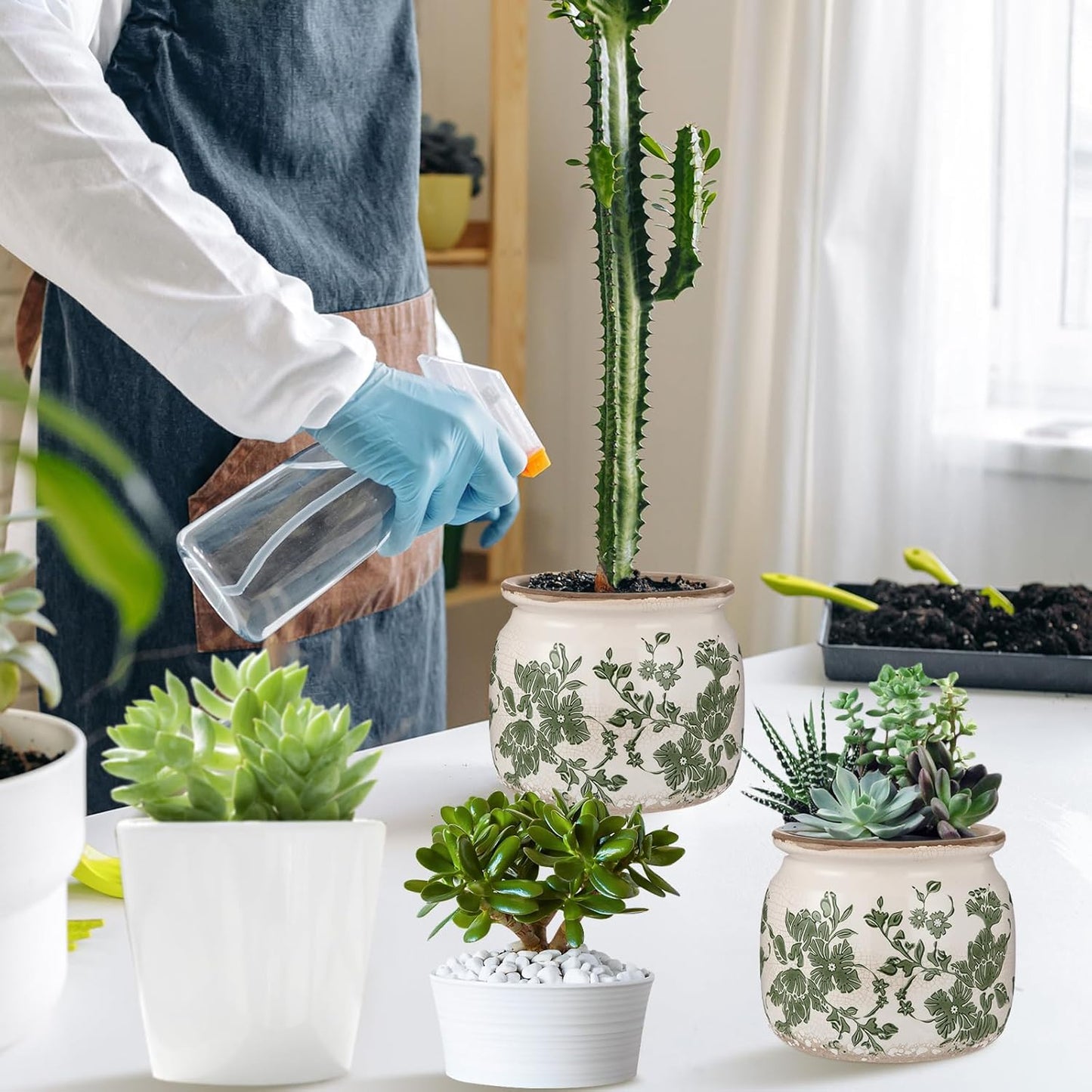 Vintage Planter Large Ceramic Plants Pot Beige Green Vintage Floral Ice Crack Cottage Scroll Vase Flower Vase Pot Indoor Plants Home Kitchen Decor Farmhouse Antique Decorative Gifts