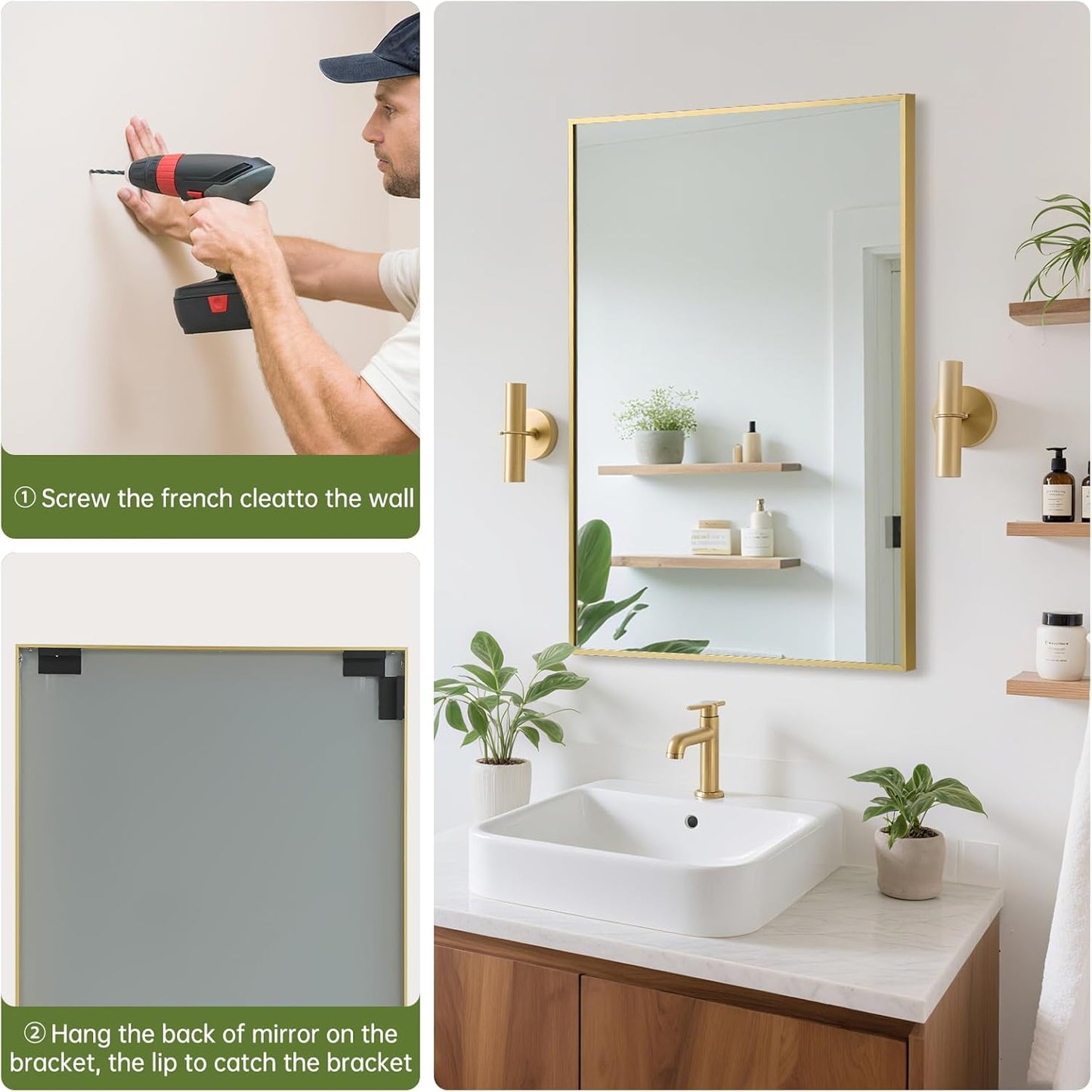 FARMER 22x30 Inch Gold Bathroom Mirror, Rectangle Wall Mounted Mirror, Vanity Mirror, Brushed Square Mirror, Framed Bathroom Mirror for Bedrooms, Entryways, Living Rooms, Horizontal/Vertical