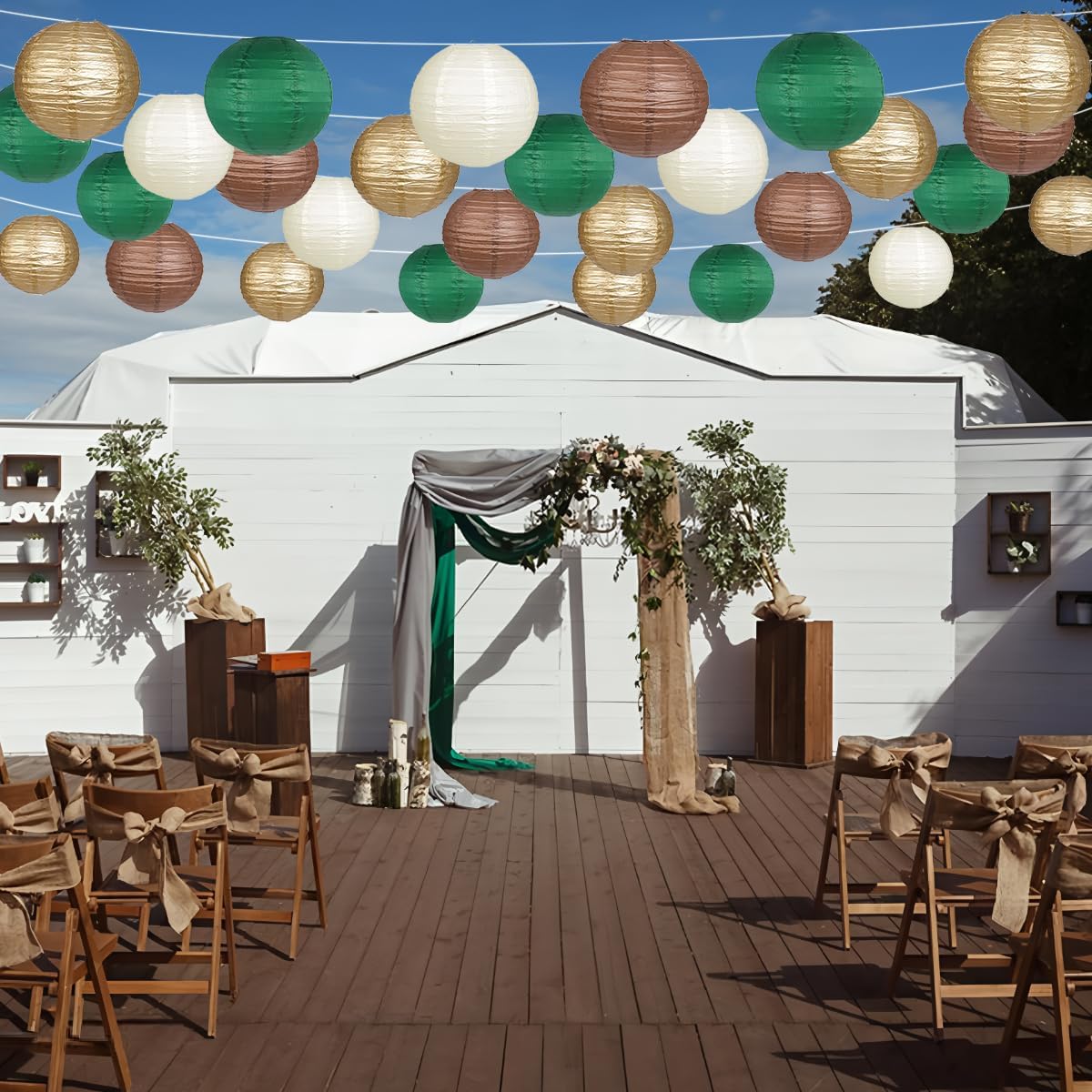 Paper Lanterns Green Brown Gold Round Hanging Chinese Lanterns for Birthday Party Gender Neutral Woodland Baby Shower Decorations Pack of 12