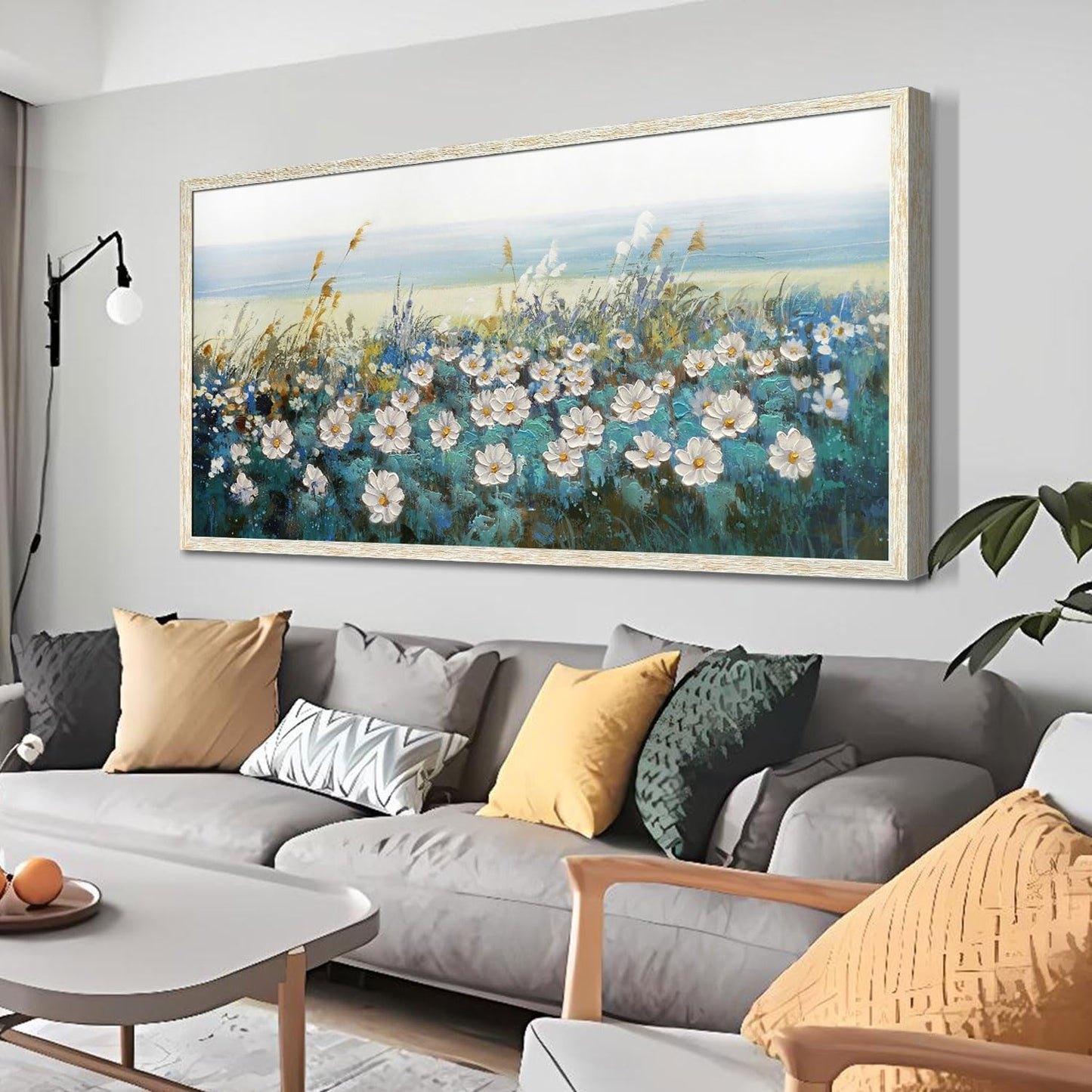 Arjun Flowers Wall Art Canvas White Daisy Floral Painting Blue Coastal Landscape Picture Modern Artwork for Living Room Bedroom Bathroom Dinning Room Office Home Wall Decor Large Framed 40"x20"