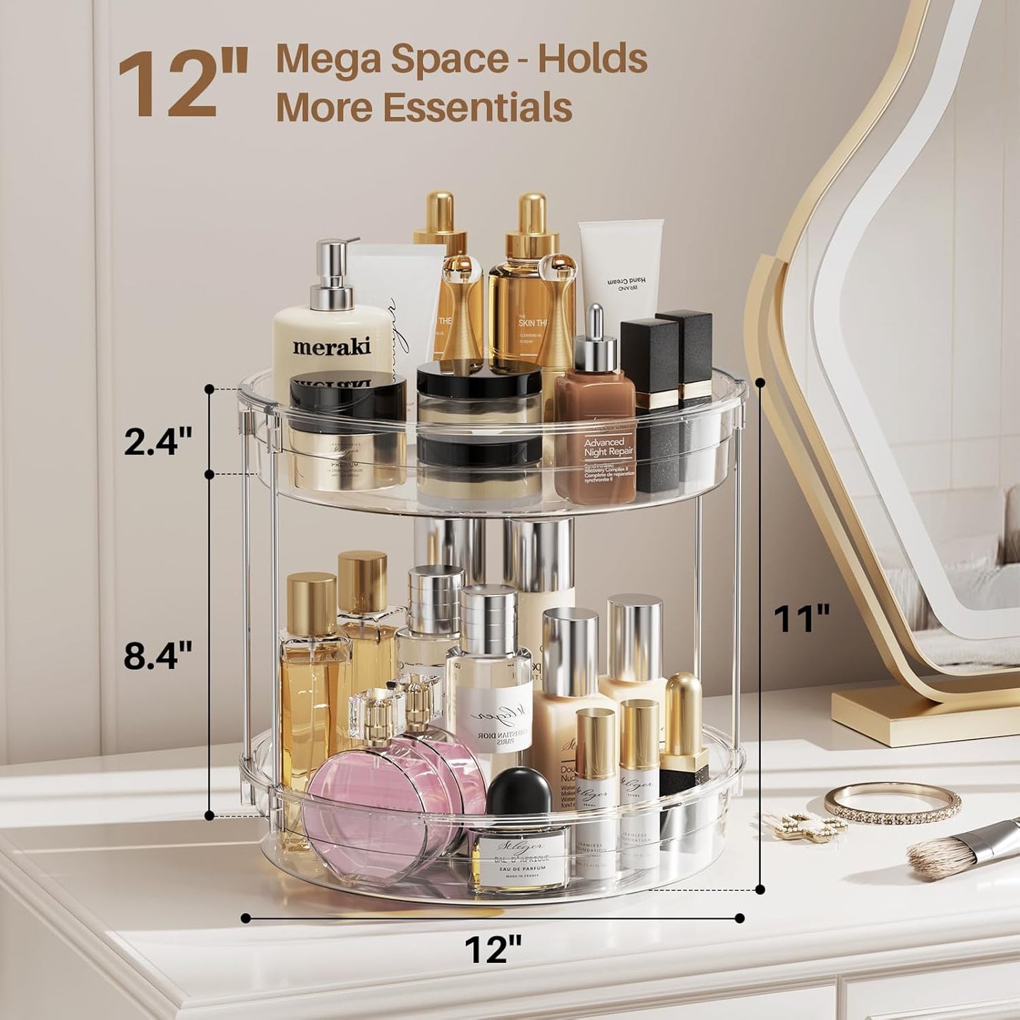 LAMU 2 Pack 2 Tier Lazy Susan Turntable Organizer 12inch Rotating Spice Rack Organization for Cabinet, Kitchen, Pantry, Countertop, Bathroom, Vanity, Medicine Cabinet Organizer, Clear