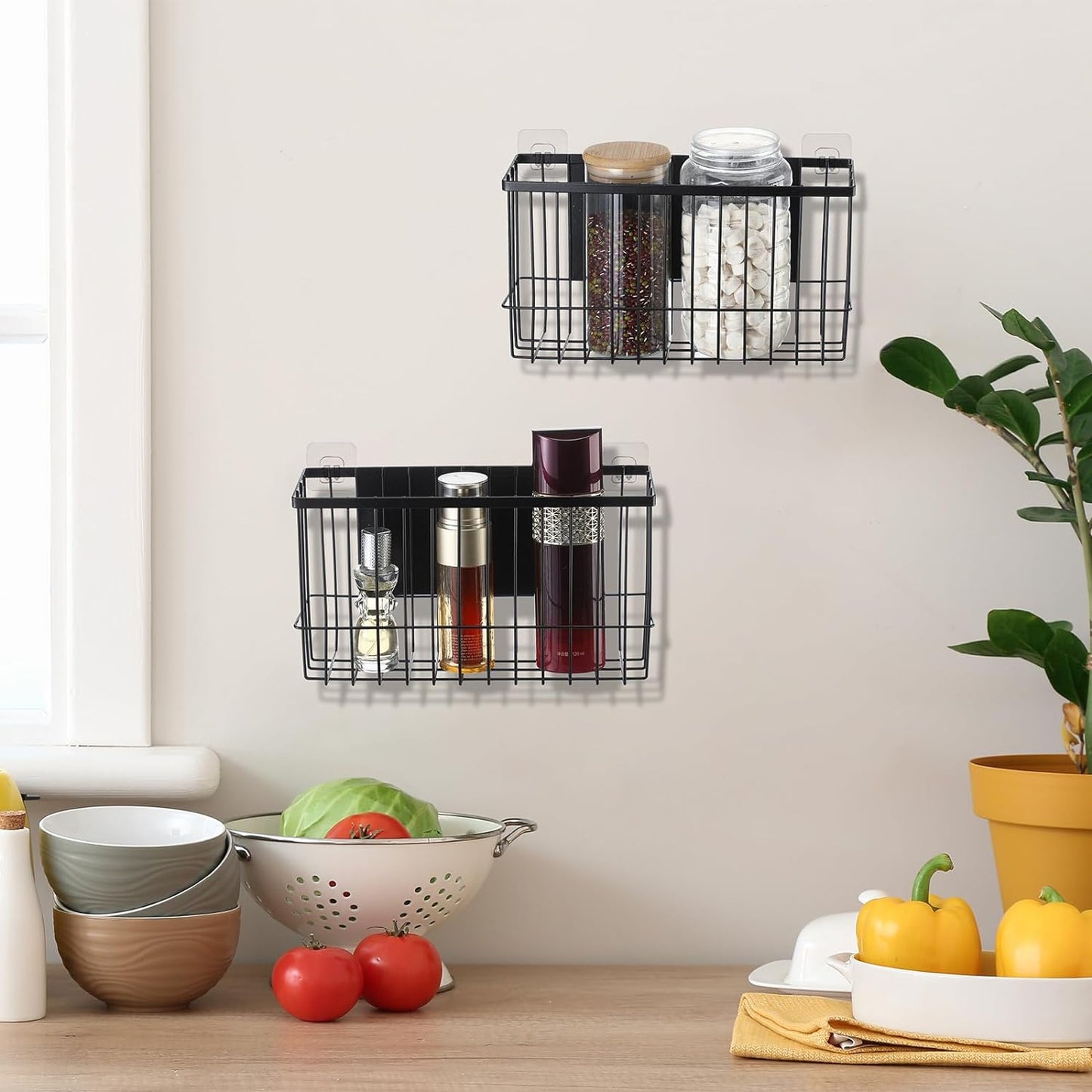 3 Pcs Magnetic or Adhesive Refrigerator Organizer Magnetic Baskets Kitchen Holder for Refrigerator Metal Shelf Rack Storage with 2 Types of Installation(Black)