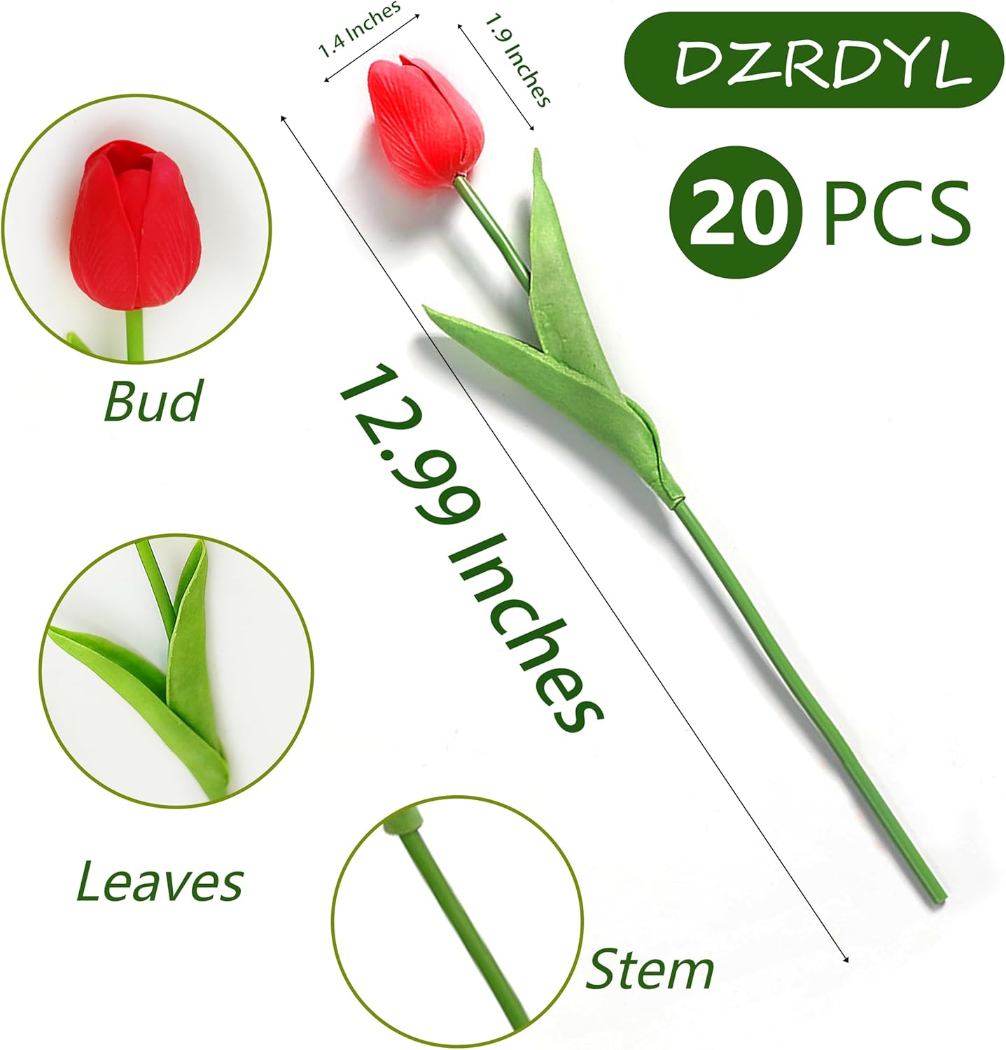 20pcs Red Artificial Tulip Fake Flower 12.9 Inch Spring Mother's Day Easter Gift for Home Kitchen Wedding Decoration