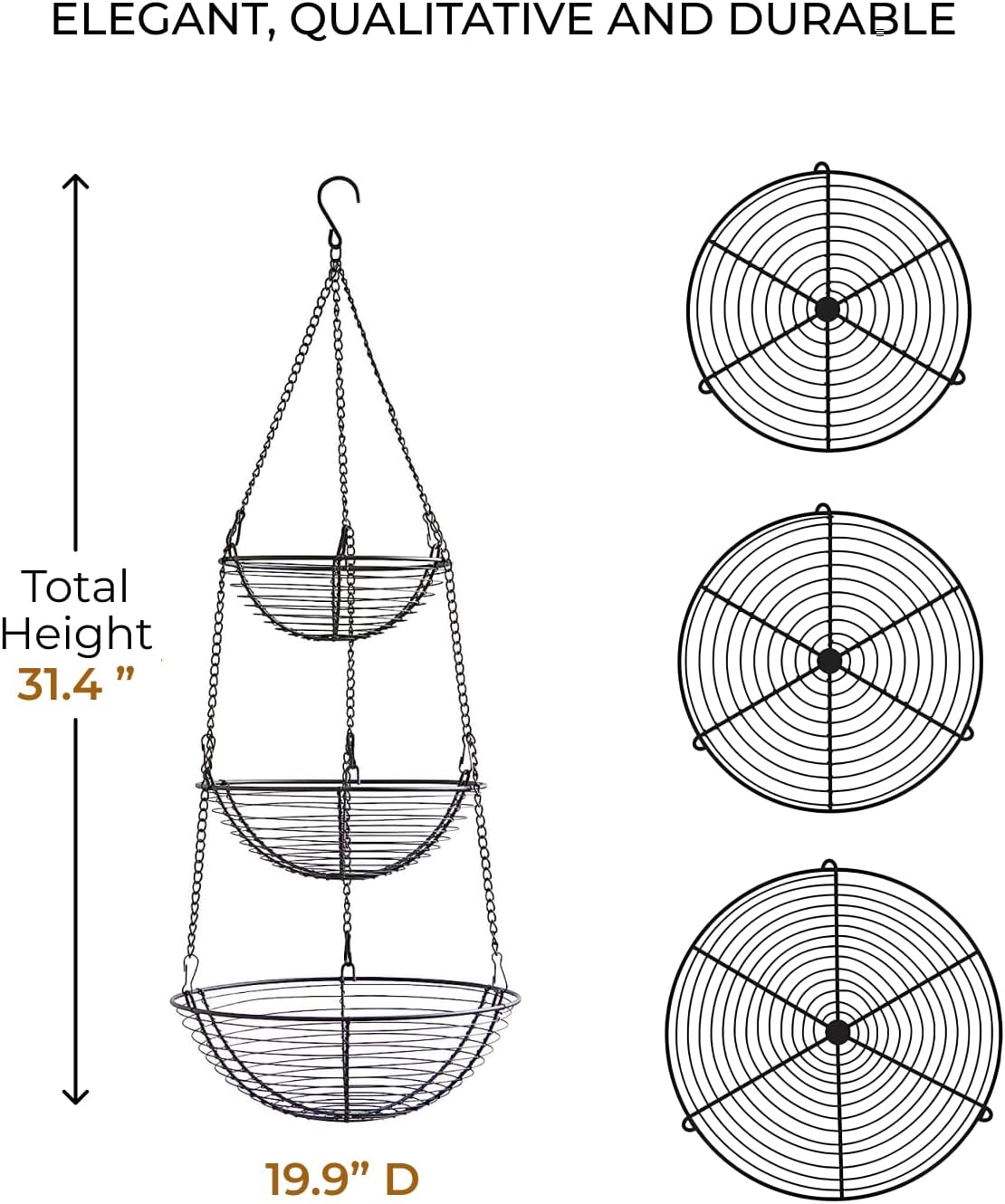 REGAL TRUNK & CO. 3 Tier Hanging Fruit Basket, Farmhouse Wire Basket, Three Tier Fruit Basket for Kitchen for Vegetables, Bread & More, Metal Chain, Hanging Hook and Detachable Round Wire Baskets