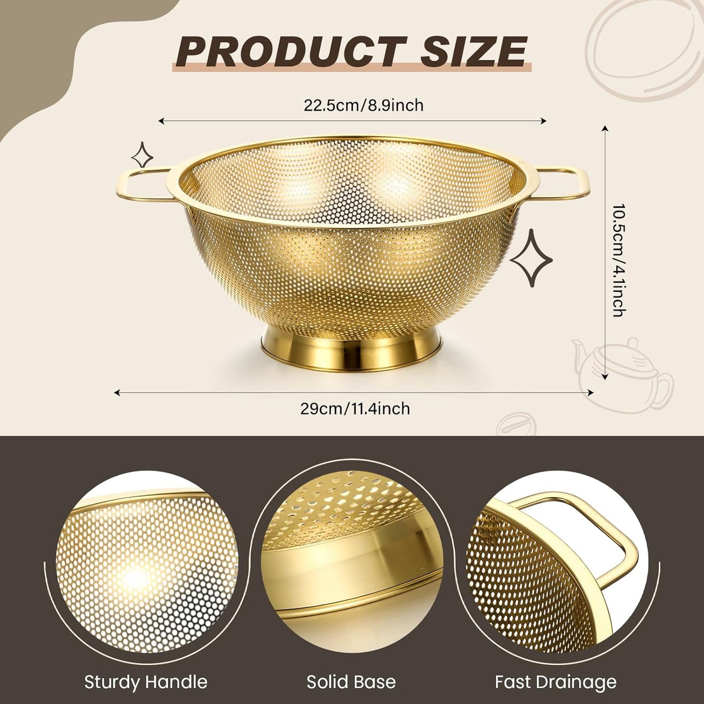 Norme 3 Quart Stainless Steel Gold Colander Gold Fine Mesh Strainer, Stainless Steel Pasta Rice Food Metal Strainer with Handles, Easy Clean and Dishwasher Safe