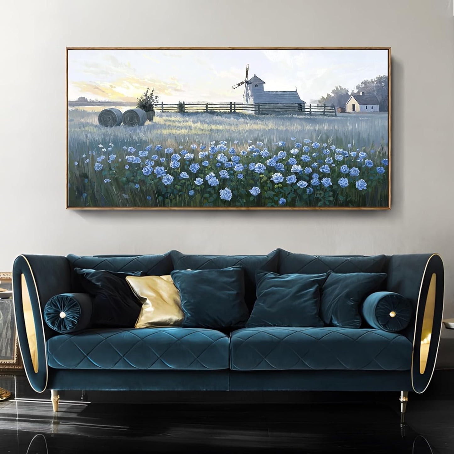 amatop Extra Large Wall Art Bedroom – Framed Country Landscape Canvas Art Blue Floral Field Windmill Print with Natural Wood Frame Rustic Wildflower Picture Home Decor for Living Room Office 58x29 Inch