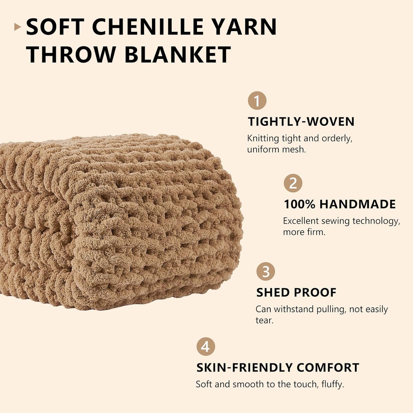 L'AGRATY Chunky Knit Blanket Throw: 72''x84'' Chenille Chunky Knitted Throw Blankets for Bed Couch - Handmade Thick Big Cable Knit Blanket - Large Crochet Rope Blankets for Home Decor(Tan)