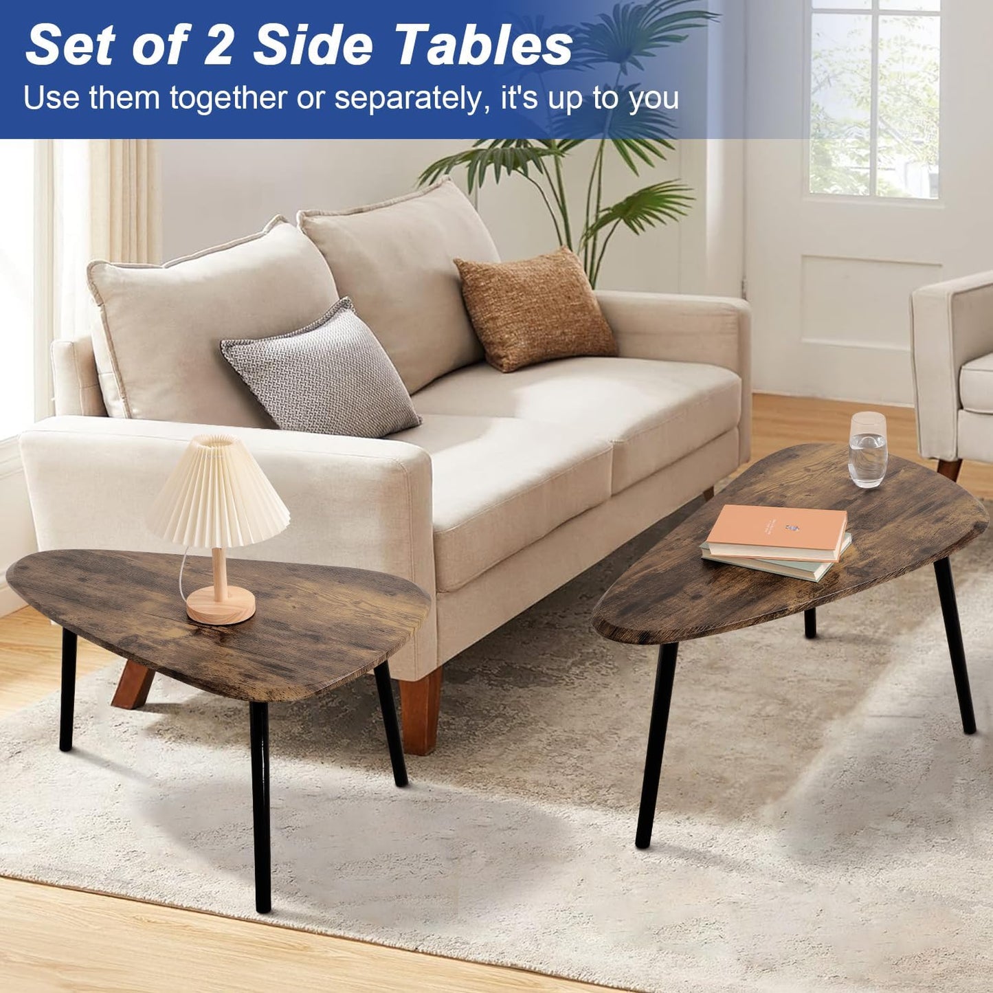 Nesting Coffee Tables, Nested Table with Wooden Legs Set of 2 - Triangle Side Table for Living Room, Bedroom, Minimalist Bamboo, Apartment & Small Spaces, Tiger