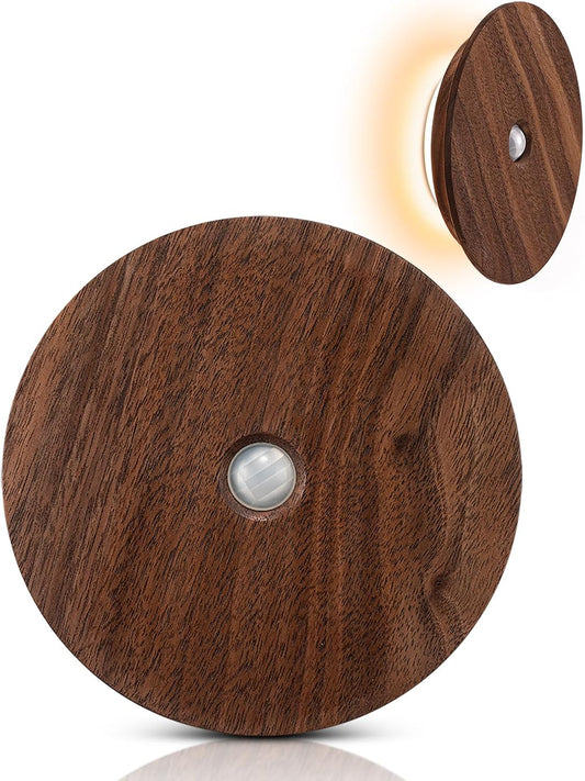Motion Sensor Night Light Wood Rechargeable Battery-Powered Stick-On Step Lights Magnetic Closet Lights Warm Nightlight for Hallway Bedroom Stair (Black Walnut)