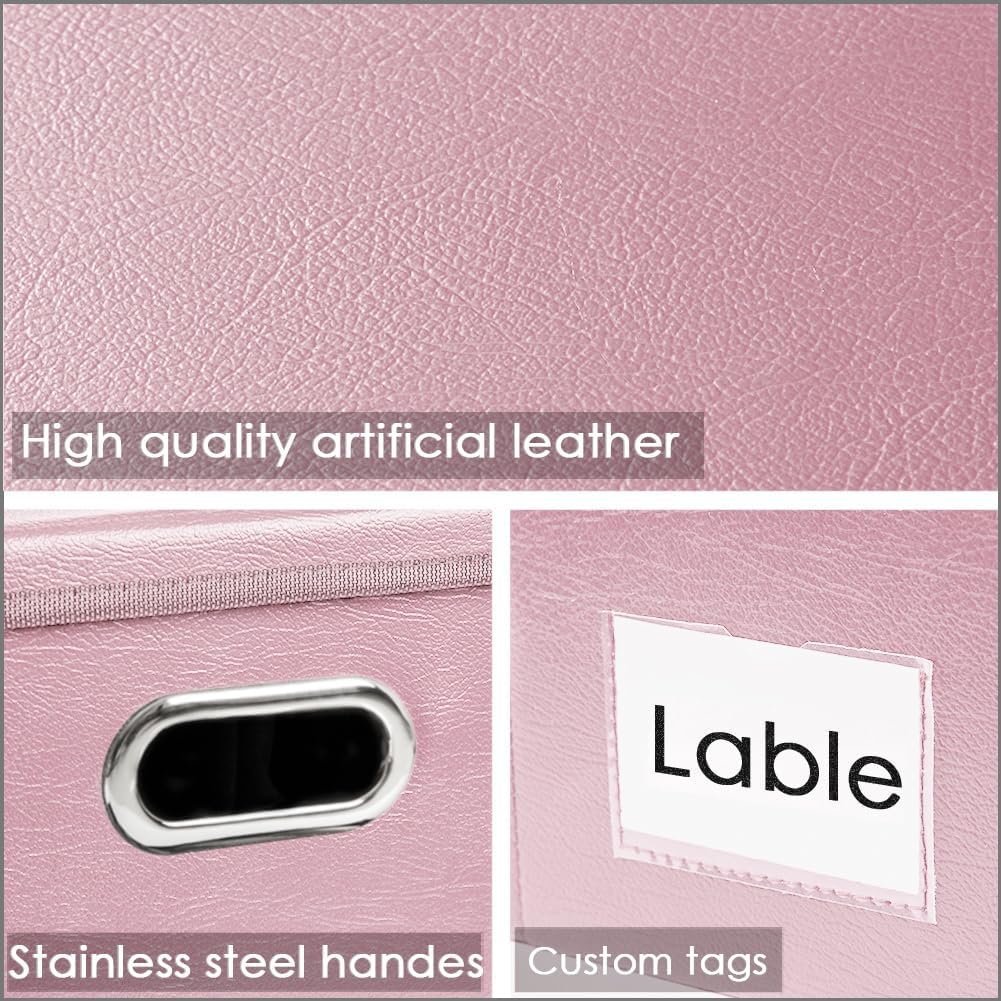 PRANDOM Collapsible Storage Box with Lid [3-Pack] Leather Fabric Foldable Storage Bin Organizer Container Basket Cube with Cover for Home Bedroom Closet Office Nursery Pink(22.8X15.7X11.8)