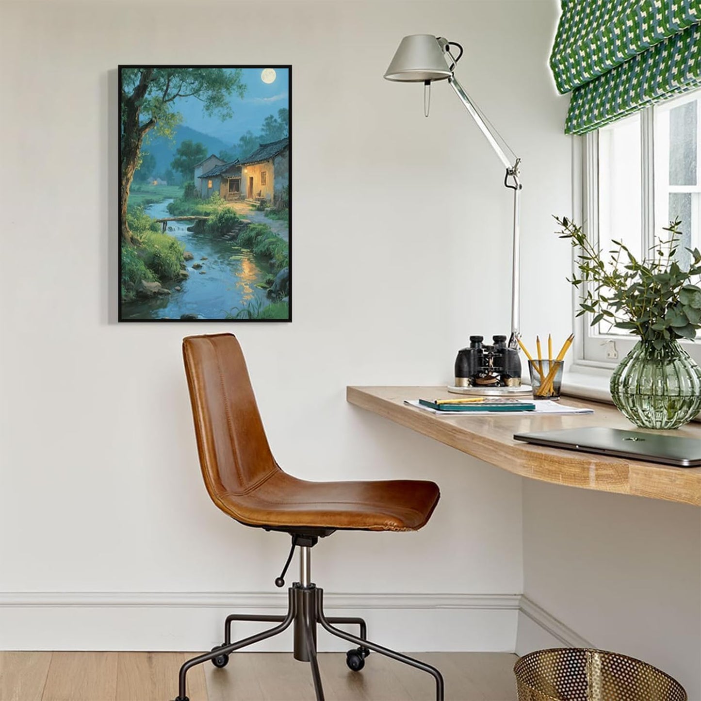 Moonlight under the big tree creek cabin scenery is suitable for posting in the living room bedroom office scenery poster wall painting