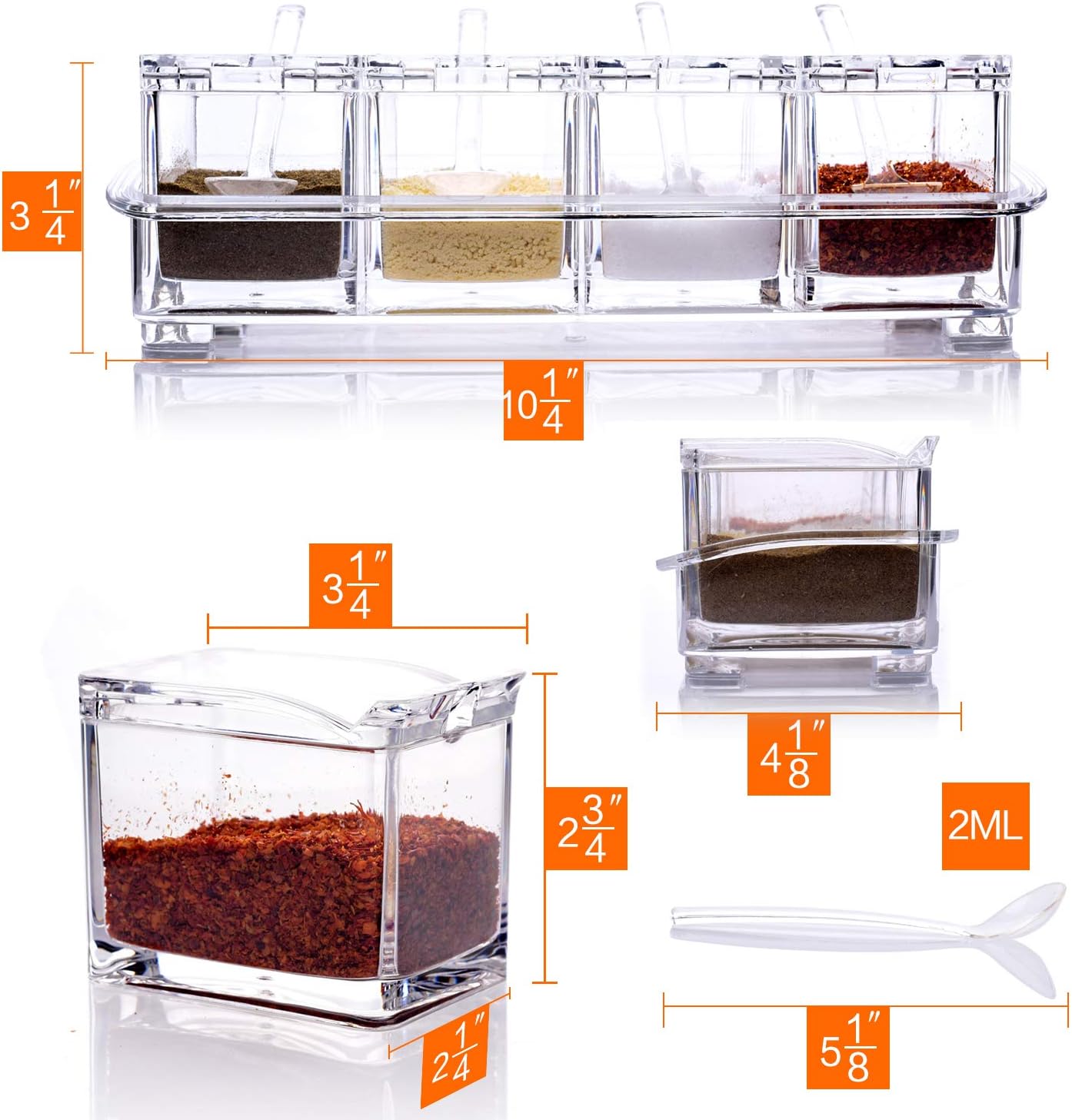 ME.FAN Clear Seasoning Rack Spice Pots - 4 Piece Acrylic Seasoning Box - Storage Container Condiment Jars - Cruet with Cover and Spoon