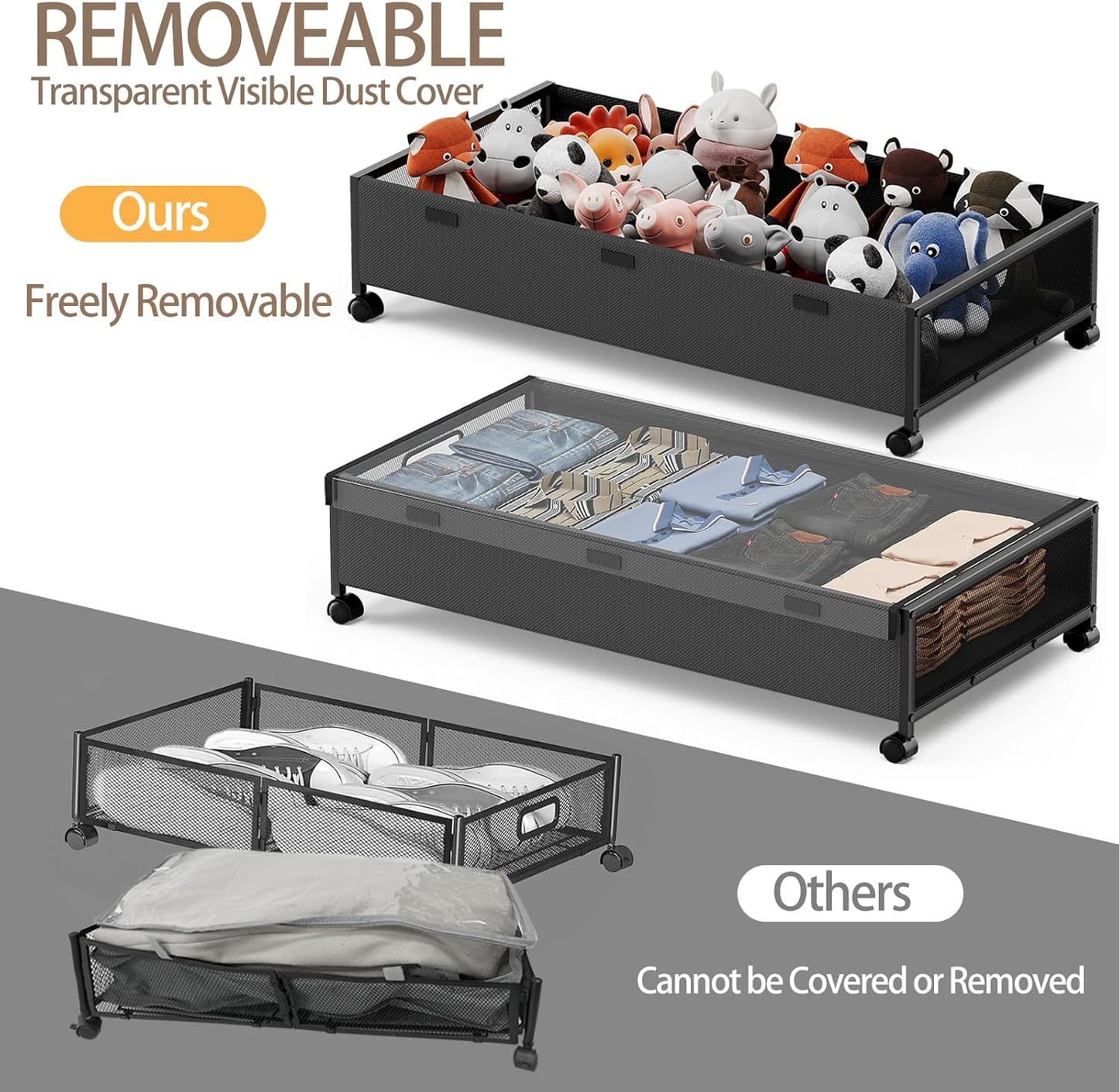 Under Bed Storage Containers with Wheels, Underbed Shoe Storage Organizer with Removable Lids, Large Rolling Under Bed Storage Dresser Drawers for Clothes Toys Shoes Blankets