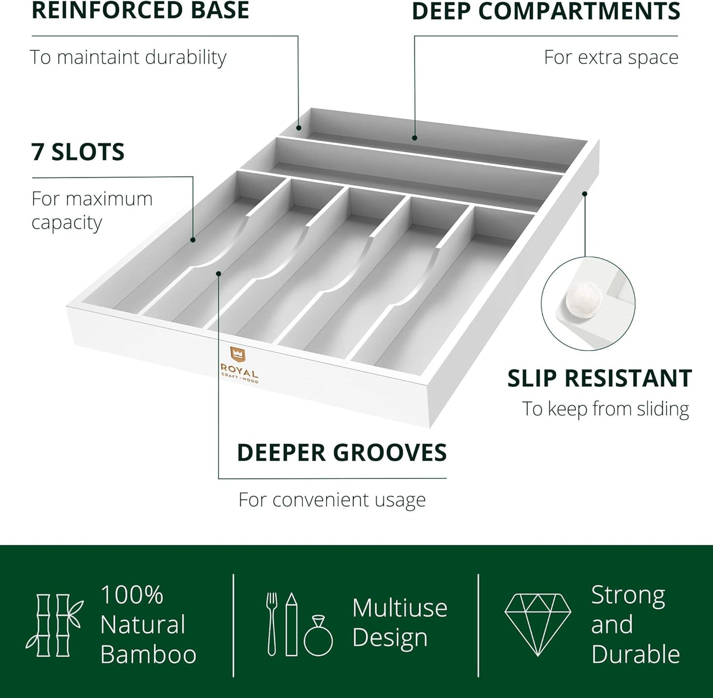 ROYAL CRAFT WOOD Luxury Bamboo Kitchen Drawer Organizer - Silverware Organizer - Utensil Holder and Cutlery Tray with Grooved Drawer Dividers for Flatware and Kitchen Utensils (7 Slot, White)