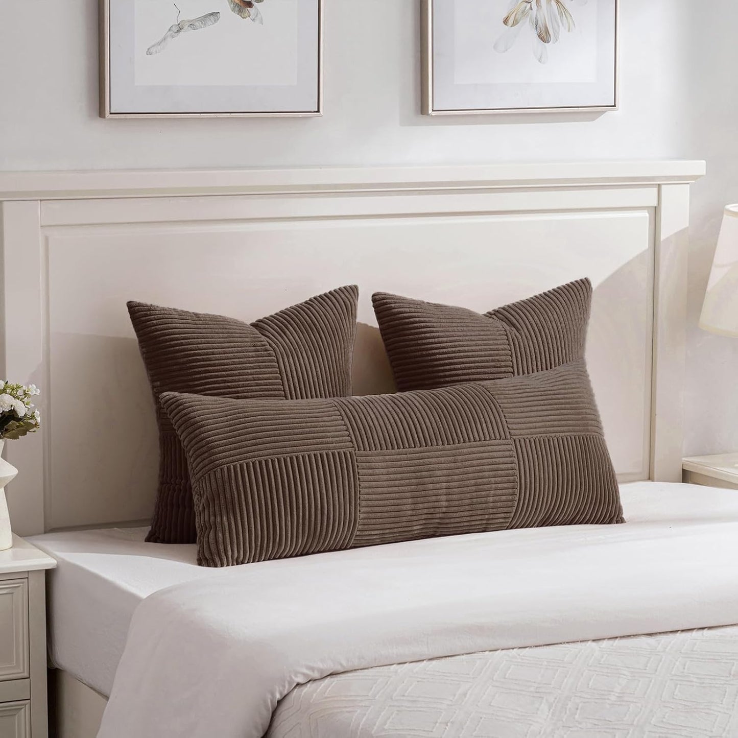 Fancy Homi 2 Packs Dark Brown Decorative Throw Pillow Covers 20x20 Inch for Living Room Couch Bed Sofa, Rustic Farmhouse Boho Home Decor, Soft Corss Corduroy Patchwork Accent Cushion Case 50x50 cm