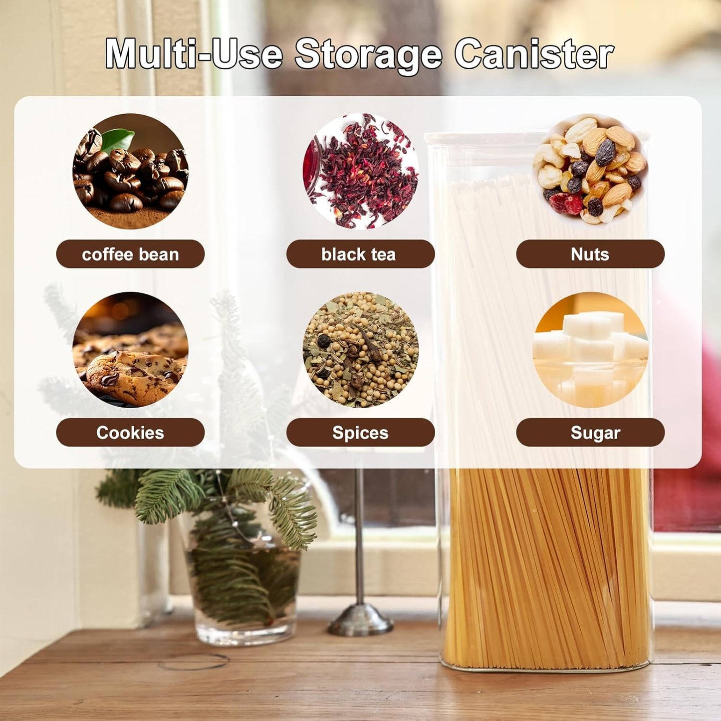 Liuruiyu Glass Storage Jars Set of 3, Clear Glass Food Storage Containers with Airtight Bamboo Lid Stackable Kitchen Canisters for Candy,Cookie,Rice,Sugar,Flour,Pasta(Flat)
