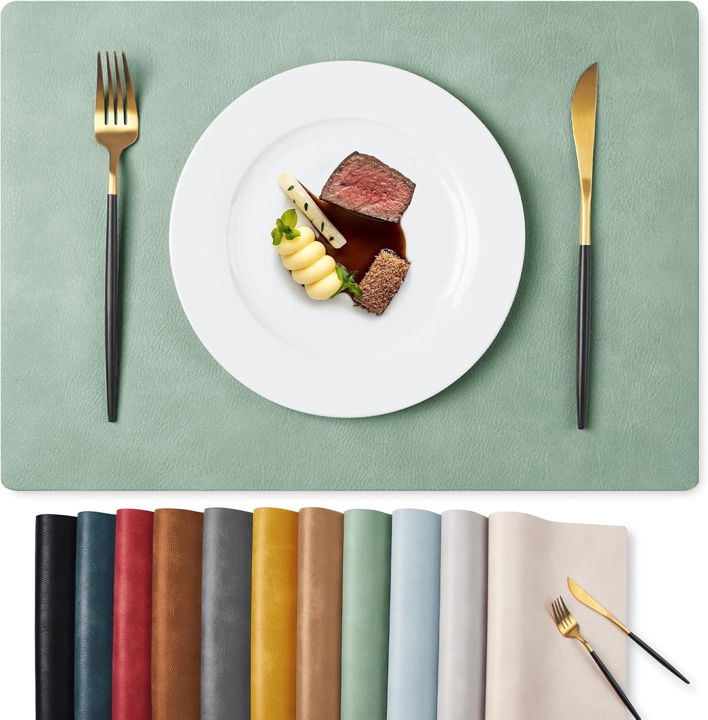 MOSAYT Vinyl Placemats Set of 12-12 X 17 Inch - Faux Leather 100% Waterproof Oil-Proof Wipeable PU Place Mats, Heat Resistant Reversible Table Mats for Kitchen, Dining, Outdoor (Green)