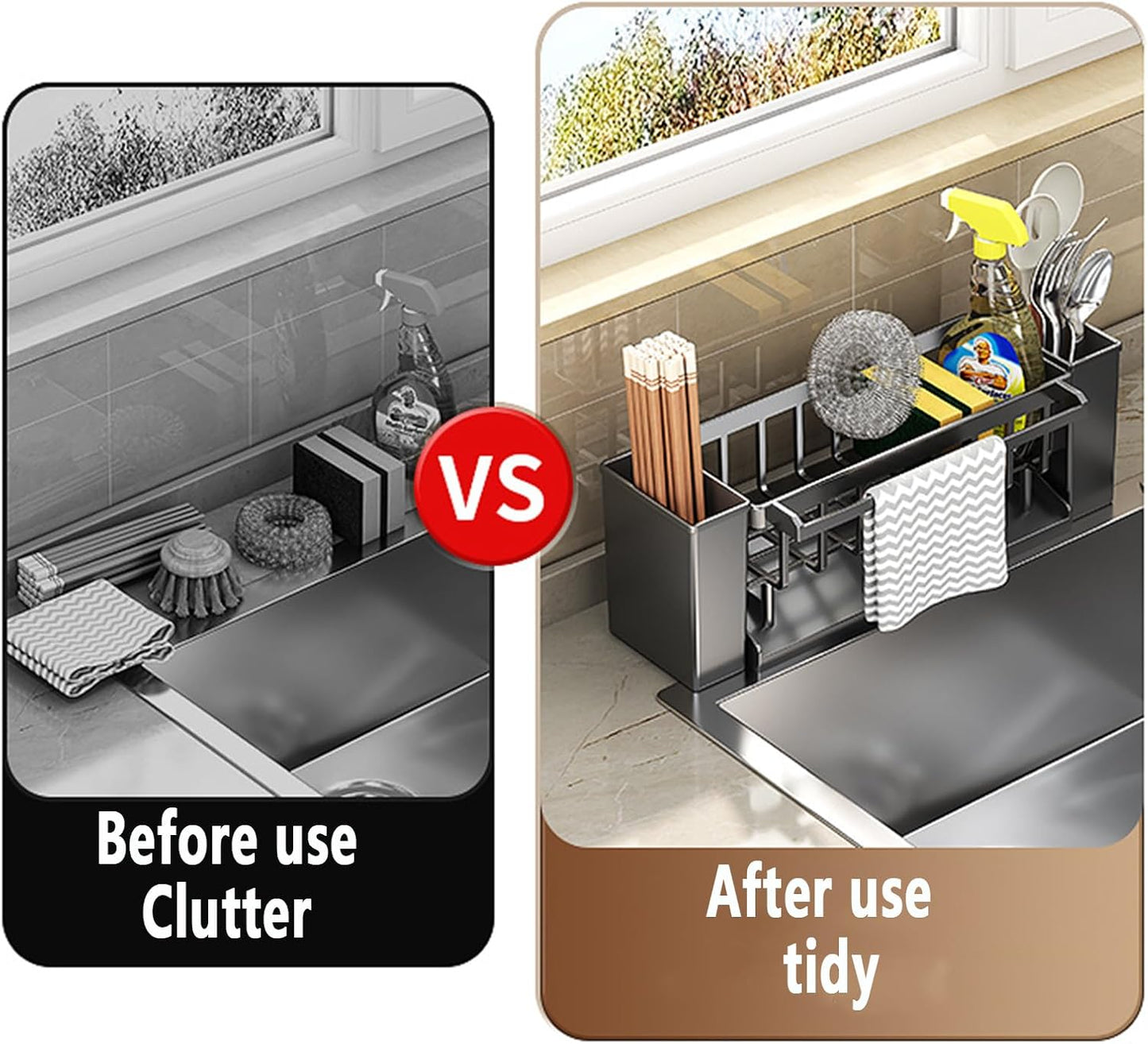 Utensil Holder, 3 Compartments Utensil Drying Rack, Dish Drainer for Kitchen Counter,Kitchen Utensils Holder with Towel Bar,Self-Draining Tray Design(Gray)