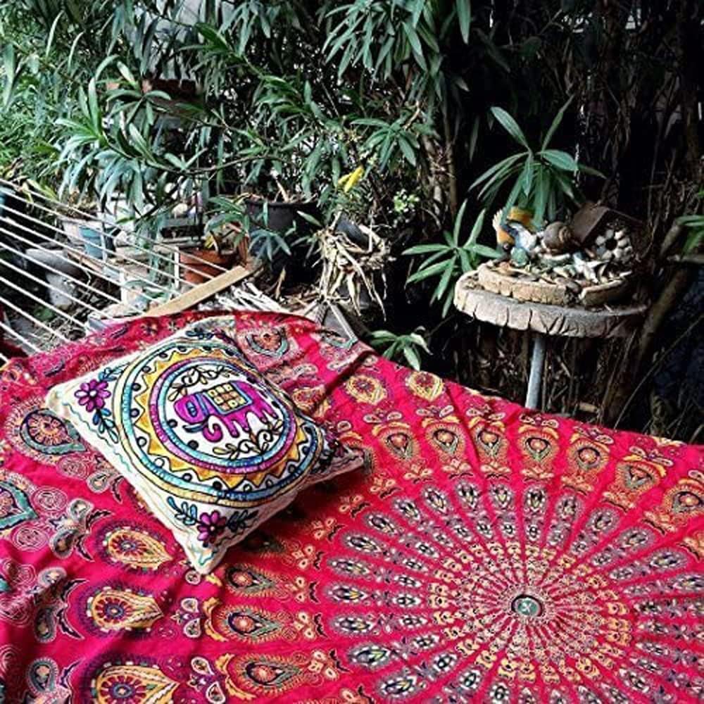 Bless International Handmade Indian hippie Bohemian Psychedelic Peacock Mandala Wall hanging College Dorm Beach Throws Table Cloth Bedding Tapestry (Golden Red, King(88x104Inches)(225x265Cms))