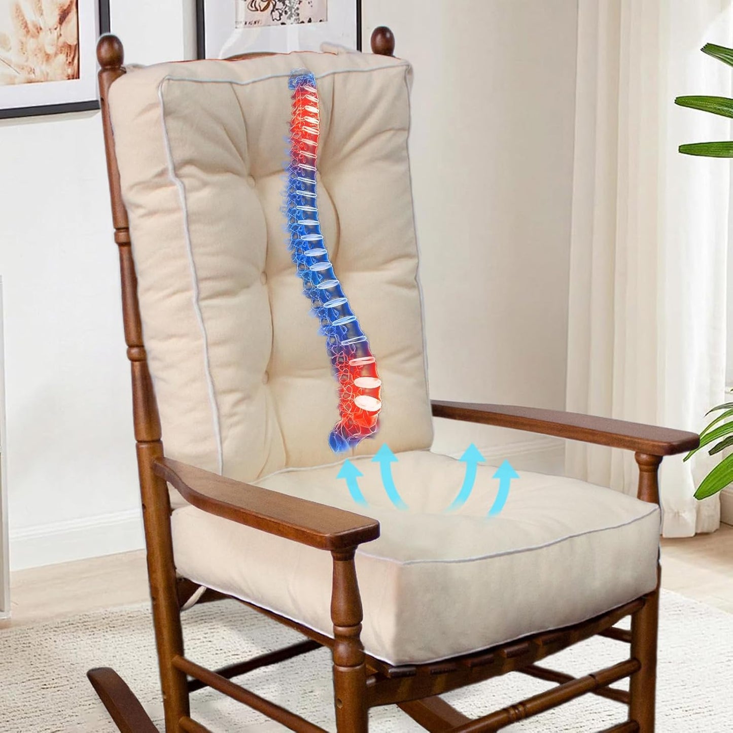 YZ HOME Rocking Chair Cushion, Set of Thicken Seat & Back Chair Cushions with Memory Foam, Non-Slip Chair Pad with Ties for for Indoor&Outdoor Rocker, Beige, 28 * 18 * 5/18x18x5