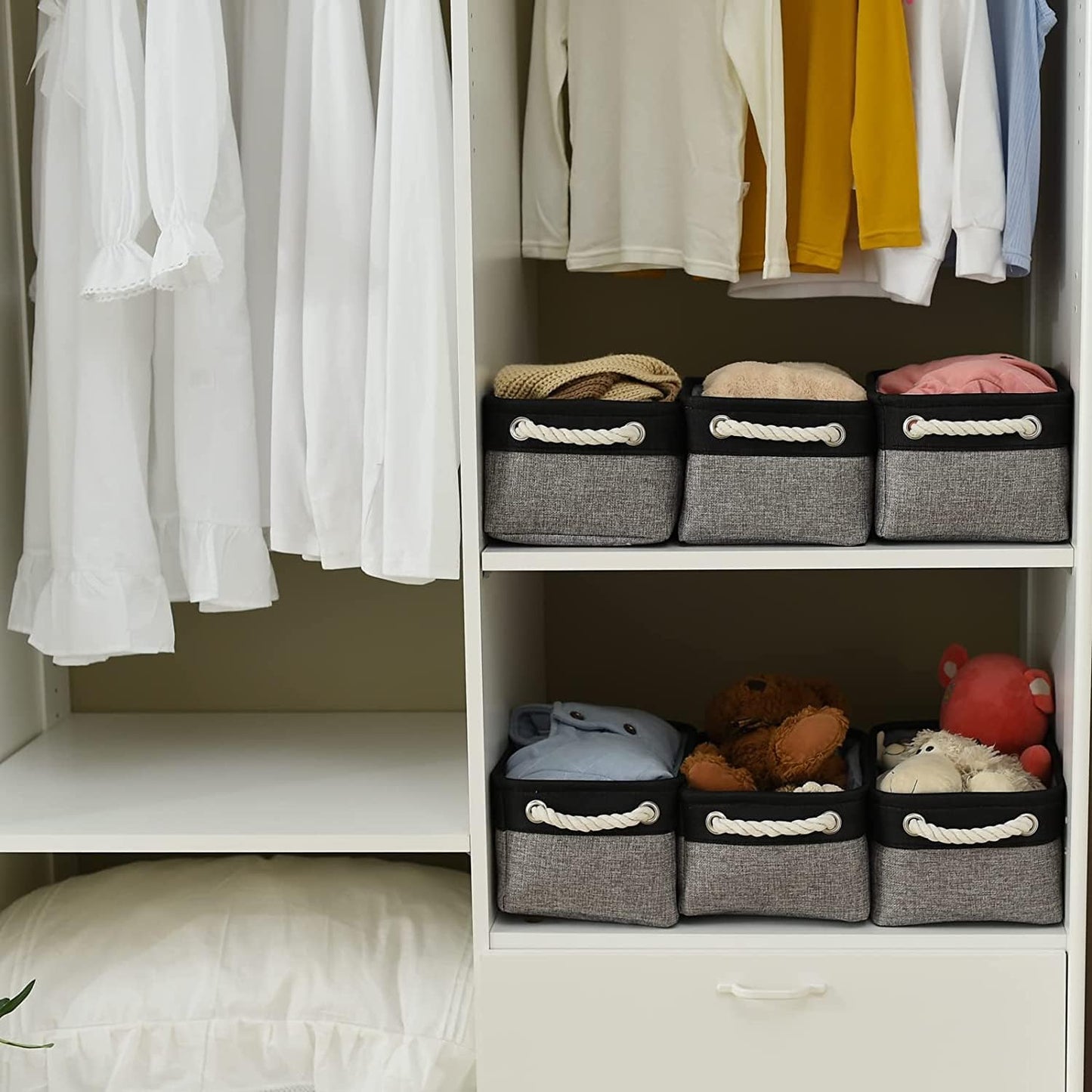 TheWarmHome Storage Basket for Organizing - 12x8x5.2 inch Small 6 Pack Collapsible Storage Bin for Shelves with Rope, Fabric Storage Cubes for Cloth Gift Toy Decorative Organizer (Black & Grey)