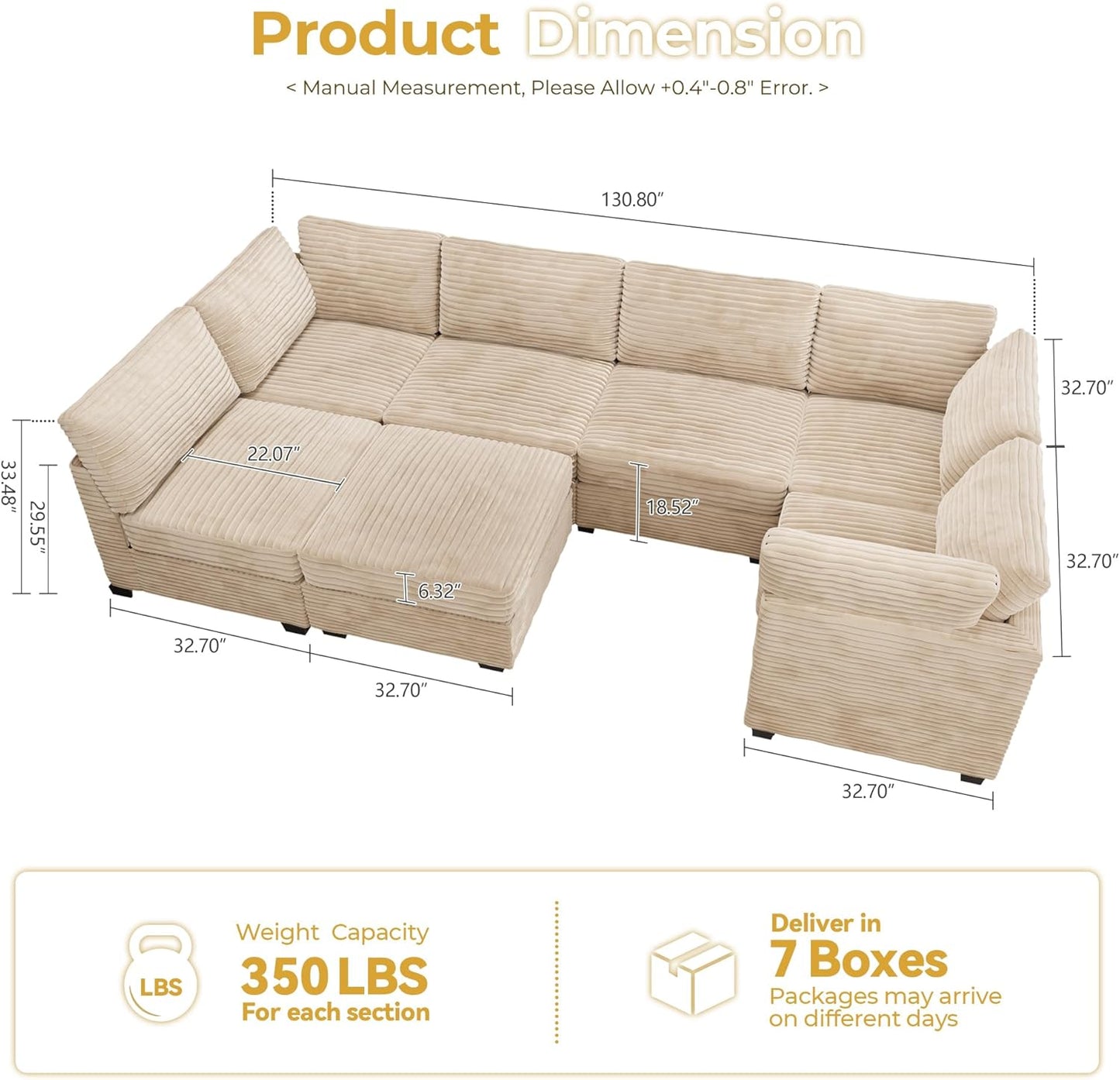 HOOOWOOO Modular Sectional Sofa,7 Pieces Sectional Couches for Living Room,131X66 U Shaped Cloud Couch with Ottoman Chaise Set(Beige Velvet Corduroy)