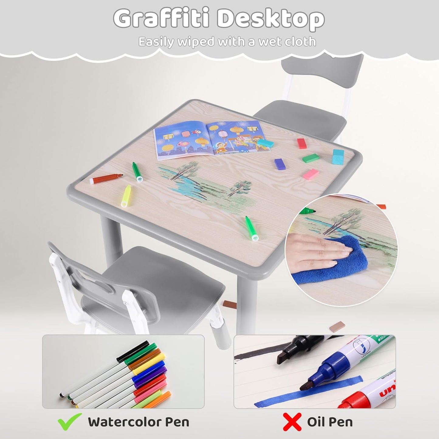 Kids Table and 2 Chairs Set, Height Adjustable (17.7"-26.1") Toddler Table and Chair Set, Multi-Activity Table with Graffiti Desktop, Children’s Table and Chairs for Classroom, Home & Daycare
