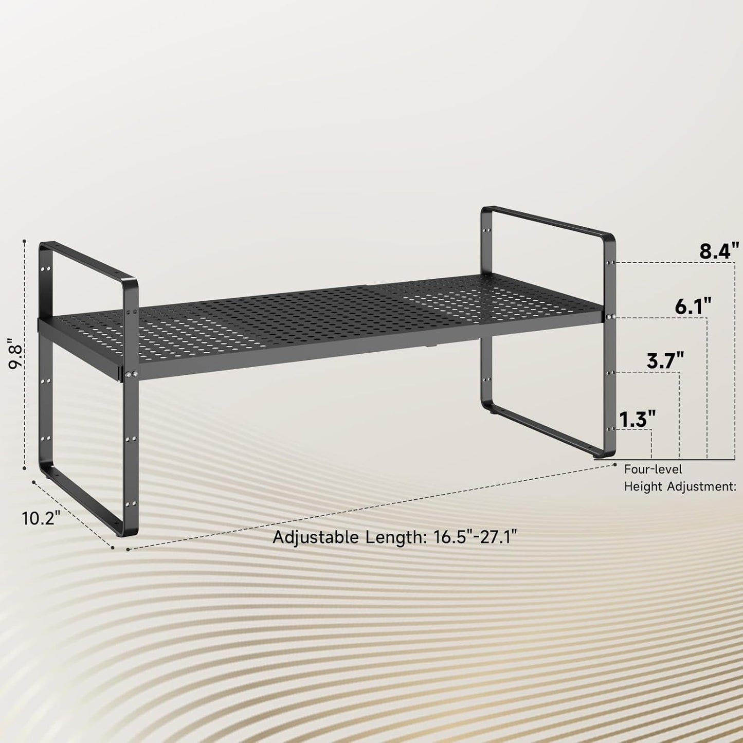 Hole Pattern Expandable Shelf Organizer,2Pack 10.2" Wide Easy to Assemble Cabinet Organizer Shelf, 16.5~27.1" Adjustable Height&Stackable Spice Organization for Cupboard, Black