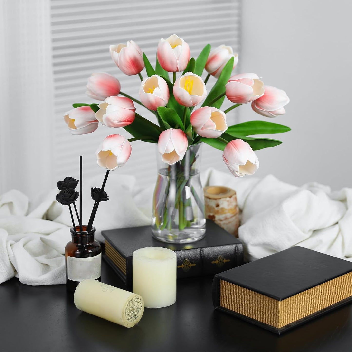 Light Pink Artificial Tulips, 2 Bundles 14Pcs, Fake Tulips Artificial Flowers, 2 x 2.4 Inch Large Flower Head Big Tulip, Easter Valentine's Day Mother's Day Home Decoration Flowers