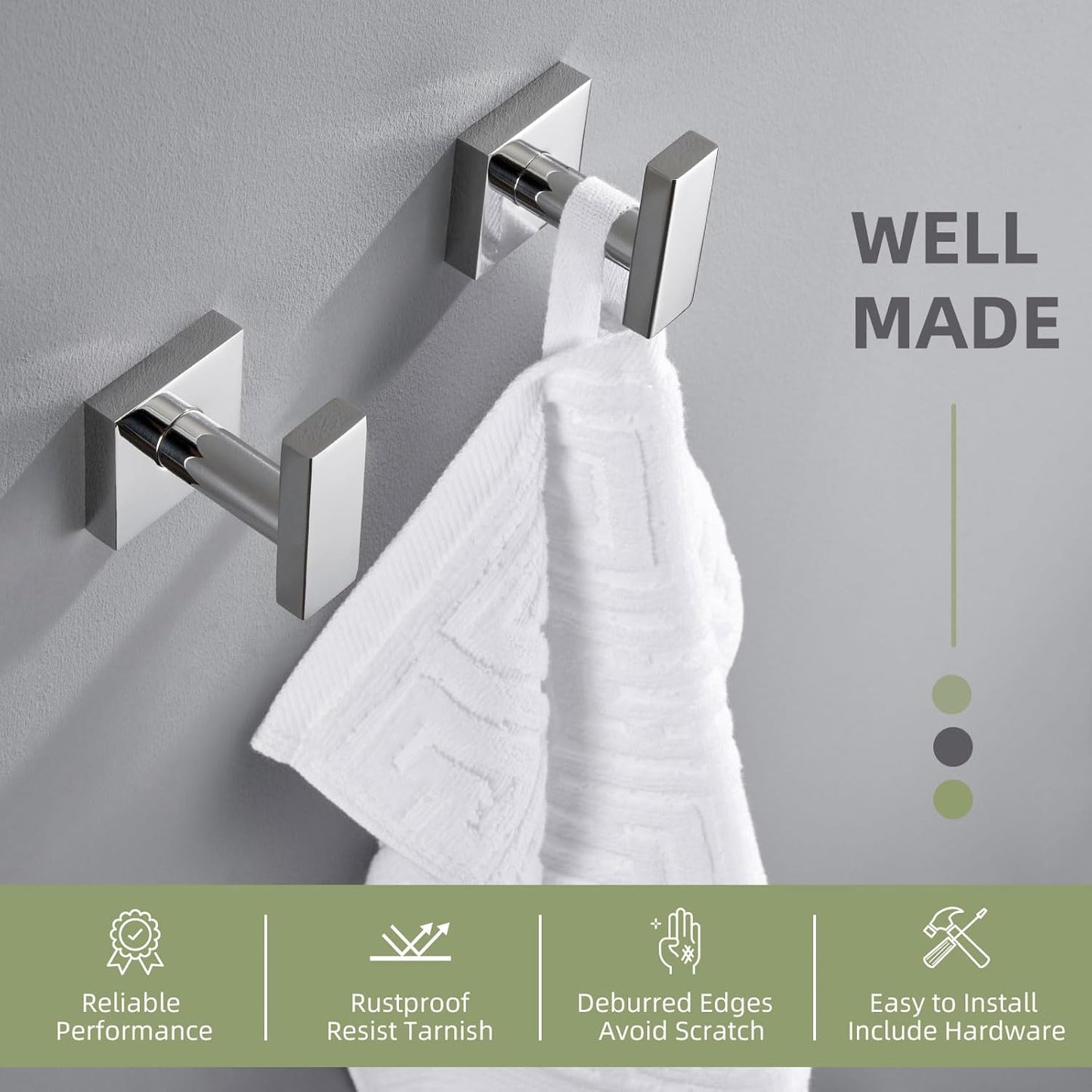Angle Simple Bath Towel Hook 2 Pack, Stainless Steel Square Robe Coat Holder for Wall, Bathroom Kitchen Garage Wall Hook for Hanging Tools, Polished Chrome