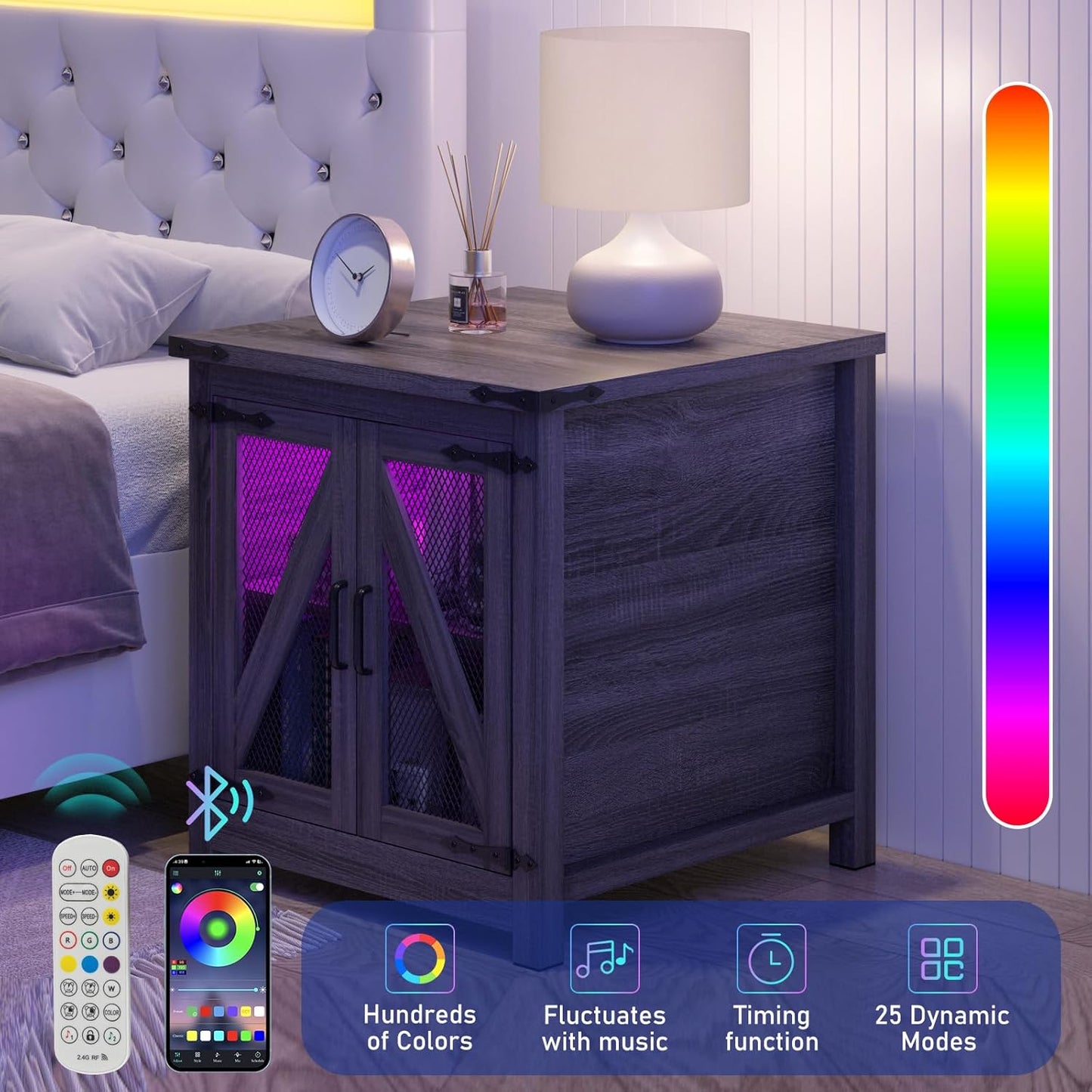 Farmhouse End Table, 24" Large Sofa Side Table with Charging Station, Mesh Barn Door, and Adjustable Storage Shelf, Rustic Wood Square Nightstand for Living Room, Bedroom, Office, Grey