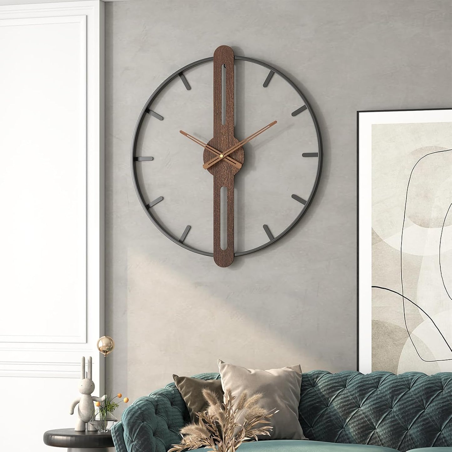 Modern Walnut Dial Wall Clock, Wood Large Wall Clock Decor Metal Frame Silent Non Ticking for Living Room, Bedroom, Kitchen, Study Decoration, Handmade Home Present Idea, 20 in （50 cm）