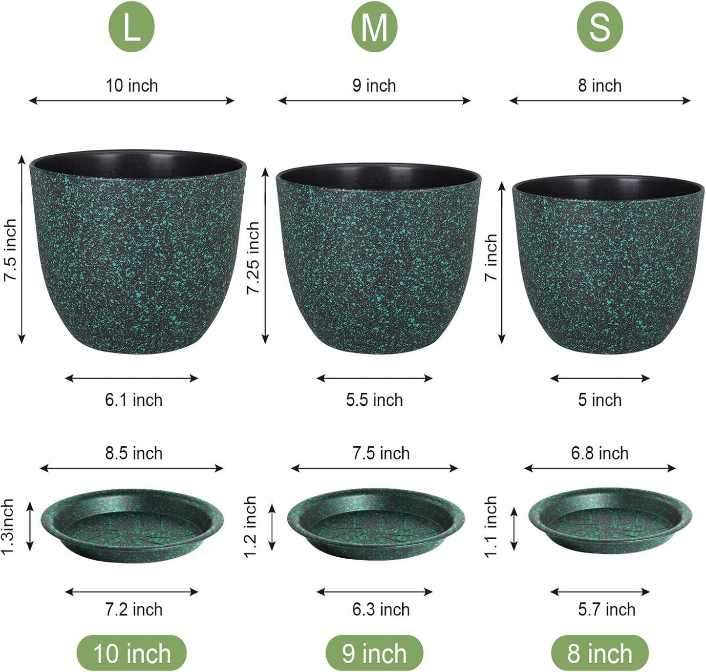 Plant Pots 10/9/8 inch, Set of 3 Modern Decorative Plastic Planters with Drainage Holes and Saucers for Garden House Plants, Flower Pots for Indoor Outdoor Plants, Black with Green Speckles