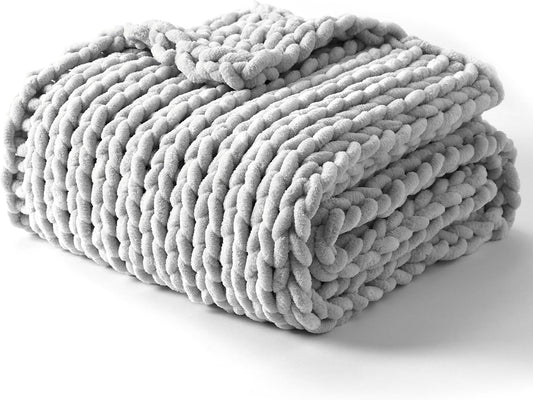 YnM Chunky Throw Blanket, Medium-Weight, Hand Knitted with Chenille Yarn, Skin Friendly, Ventilated and Breathable, Machine Washable, Home Décor Piece for Couch Sofa and Bed (Glacier Grey, 80x87 Inch)