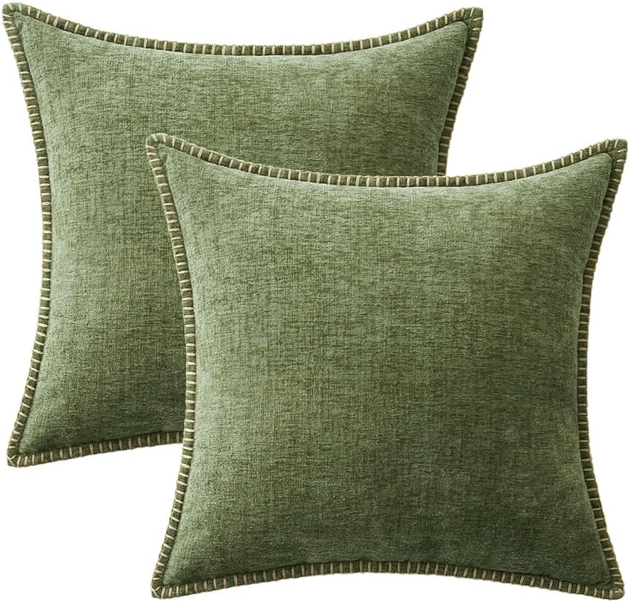 MIULEE Pack of 2 Couch Throw Pillow Covers 24x24 Inch Sage Green Farmhouse Decorative Pillow Covers with Stitched Edge Soft Chenille Solid Dyed Spring Pillow Covers for Sofa Bed Living Room