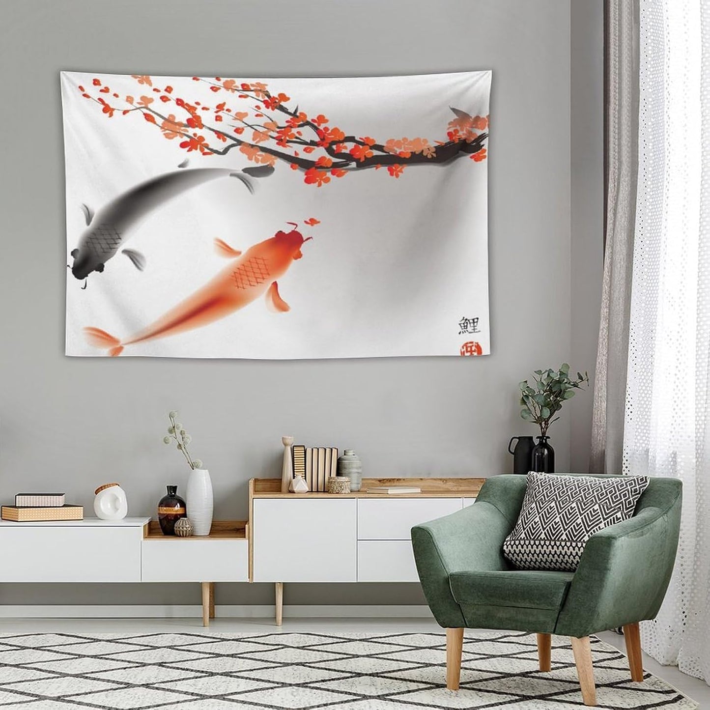 Japanese Koi Fish Tapestry, Cherry Blossoms Asian Oriental Flower Branch Koi Fish Carp Tapestries Wall Hanging for Bedroom Living Room Office Decor 60"x40"