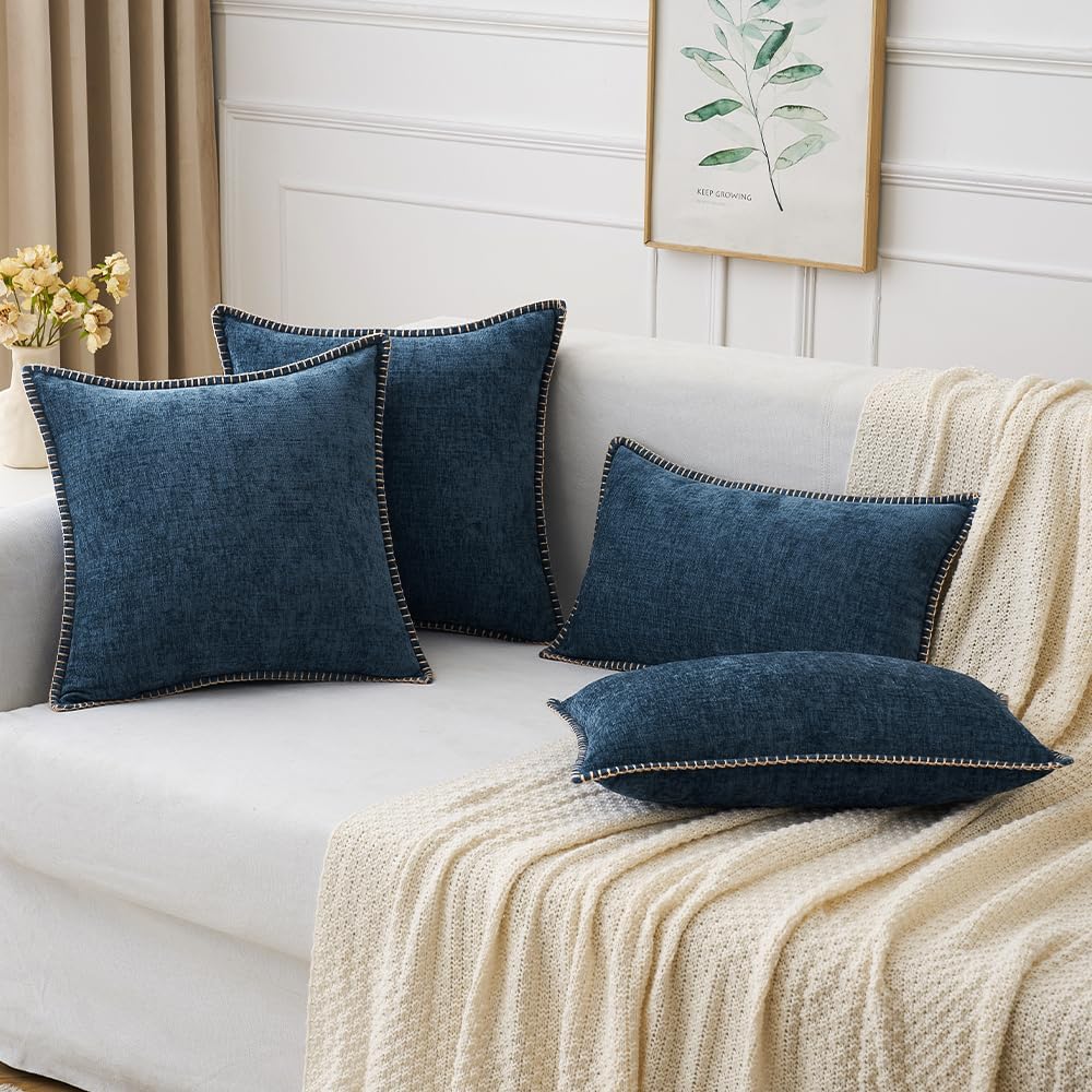 MIULEE Pack of 2 Couch Throw Pillow Covers 20x20 Inch Coastal Navy Blue Farmhouse Decorative Pillow Covers with Stitched Edge Soft Chenille Solid Dyed Spring Pillow Covers for Sofa Bed Living Room
