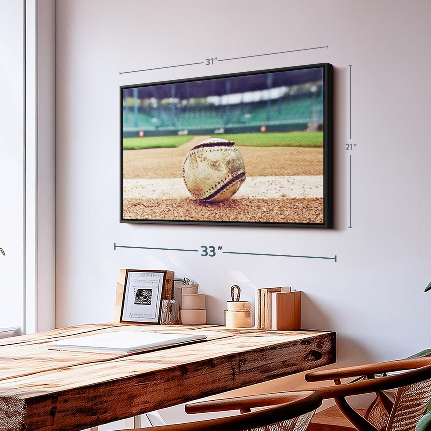 ElephantStock Baseball In Stadium Wall Art - Horizontal Framed Canvas - 1-Piece Living Room Wall Decor - Car Photography Canvas Print - Brown and Beige Decor for Wall - 31" X 21"