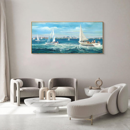 XLSJERST Large Blue Canvas Wall Art Seascape Painting - Landscape Picture Textured Navy Modern Sailboat Ocean Artwork Framed for Living Room Bedroom Bathroom Home Office Wall Decor Large Size 70"x31"
