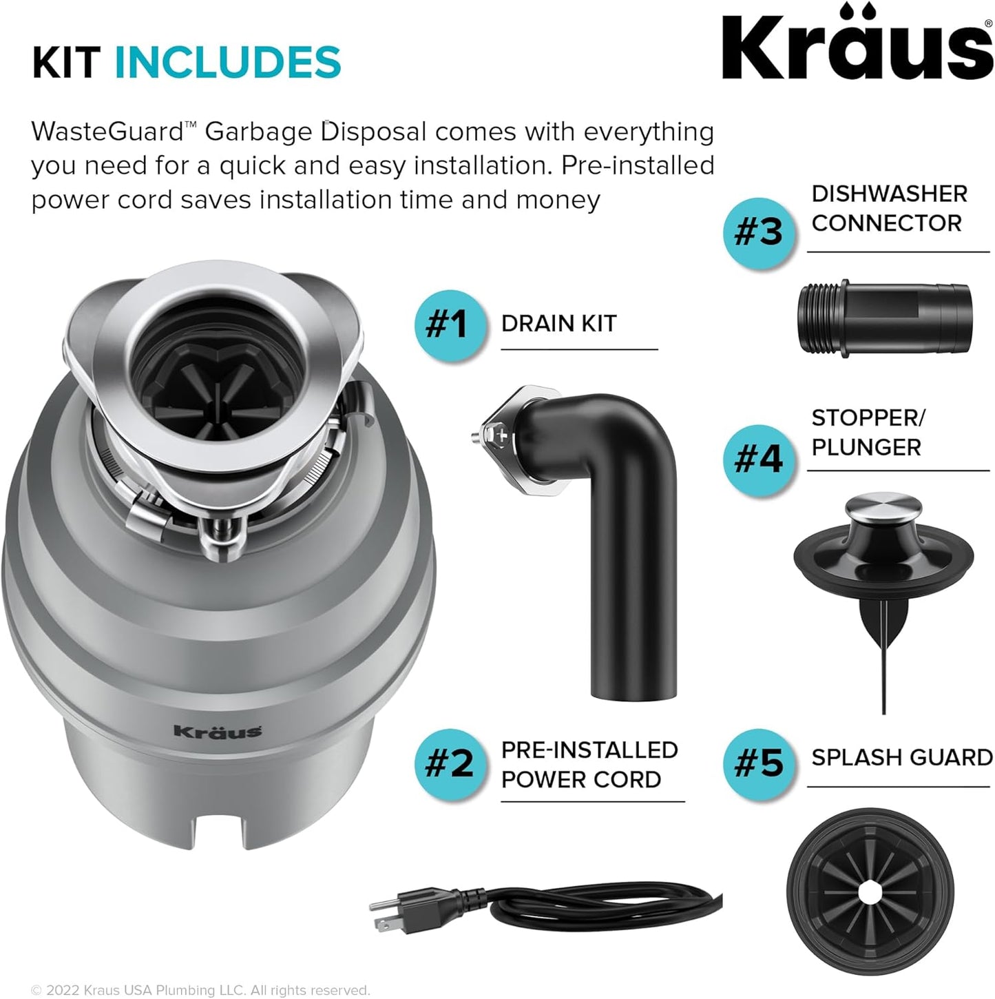 KRAUS WasteGuard High-Speed 3/4 HP Continuous Feed Ultra-Quiet Motor Garbage Disposal with Power Cord and Flange Included and Universal Mount, KWD210-75MGR