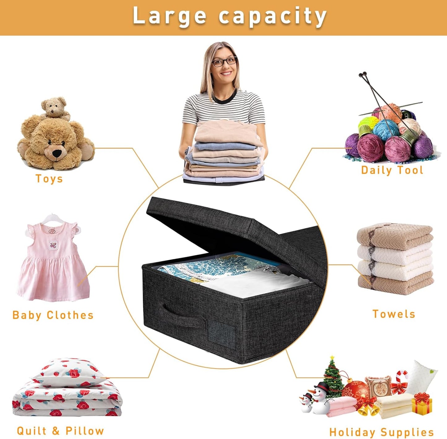 punemi Under The Bed Storage Containers 3 Pack, 6 Inch Tall Stackable Underbed Storage Bins With Handles, Closet Organizers and Storage Bins, Large Under Clothes Drawer Organizers Box For Crib, Black