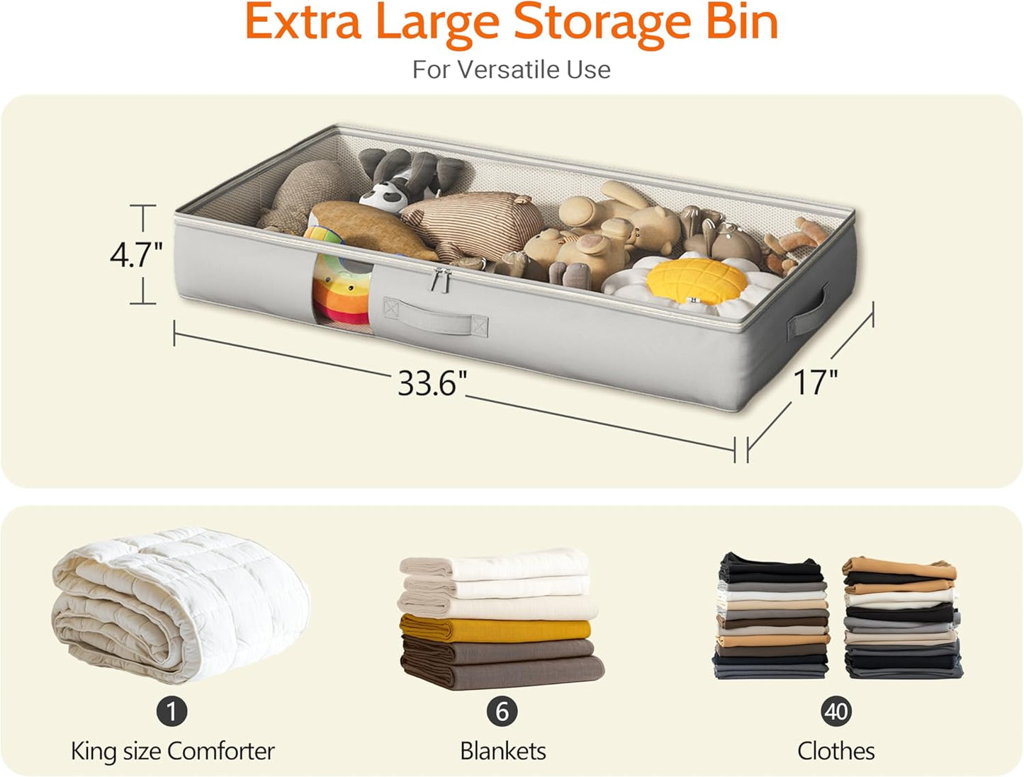 Under Bed Storage Containers with Window, Closet Organizers and Storage Bags, Foldable Underbed Storage Bags for Blankets, Clothing, Comforter, Linen Sheets, Wrapping Paper, 2 Pack, Grey