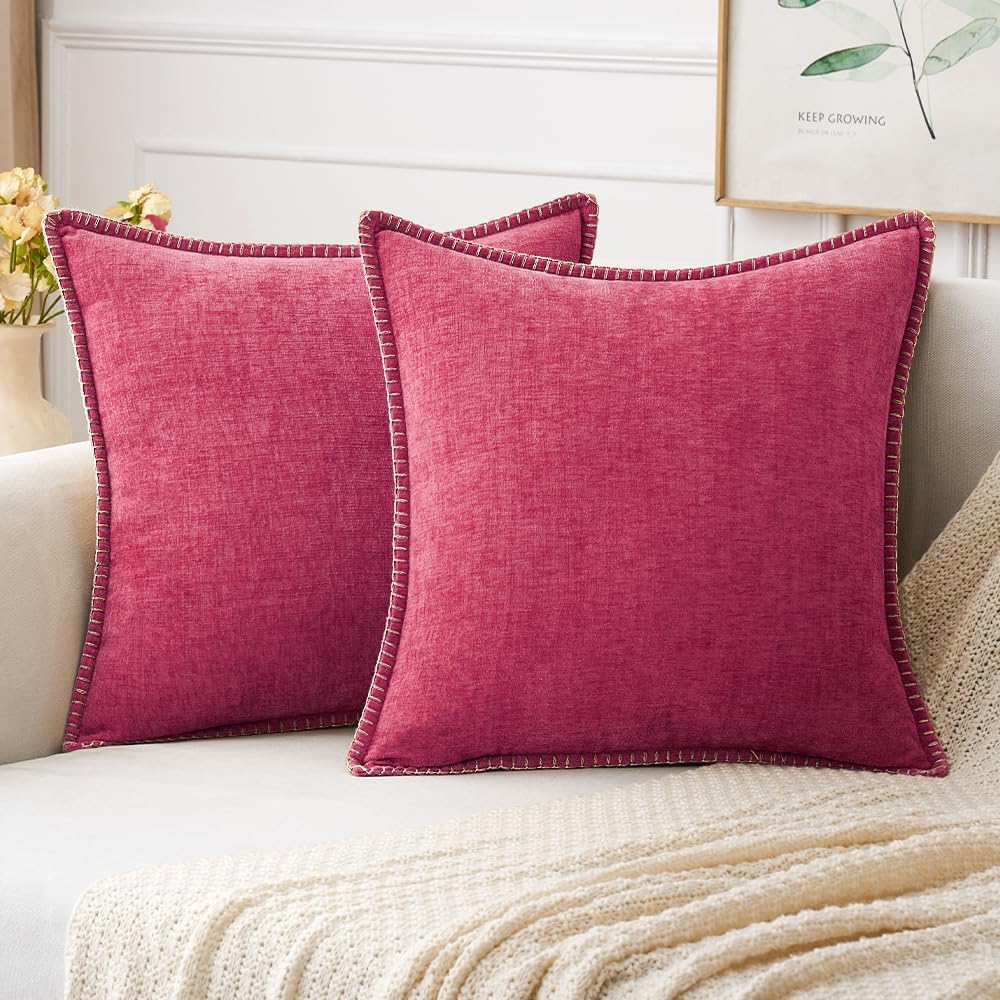 MIULEE Pack of 2 Couch Throw Pillow Covers 18x18 Inch Hot Pink Farmhouse Decorative Pillow Covers with Stitched Edge Soft Chenille Solid Dyed Spring Pillow Covers for Sofa Bed Living Room
