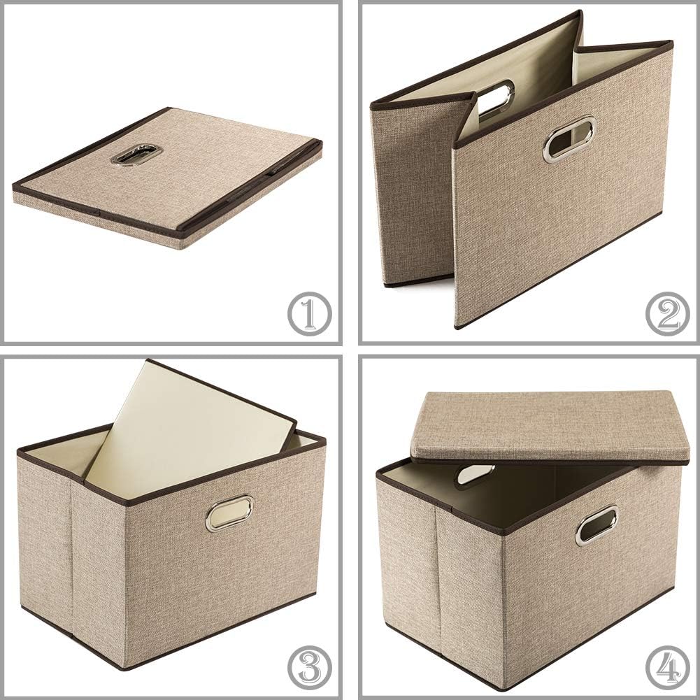 PRANDOM Large Collapsible Storage Bins with Lids [3-Pack] Jute Fabric Foldable Storage Boxes Organizer Containers Baskets Cube with Cover for Home Bedroom Closet Office Nursery (17.7x11.8x11.8)