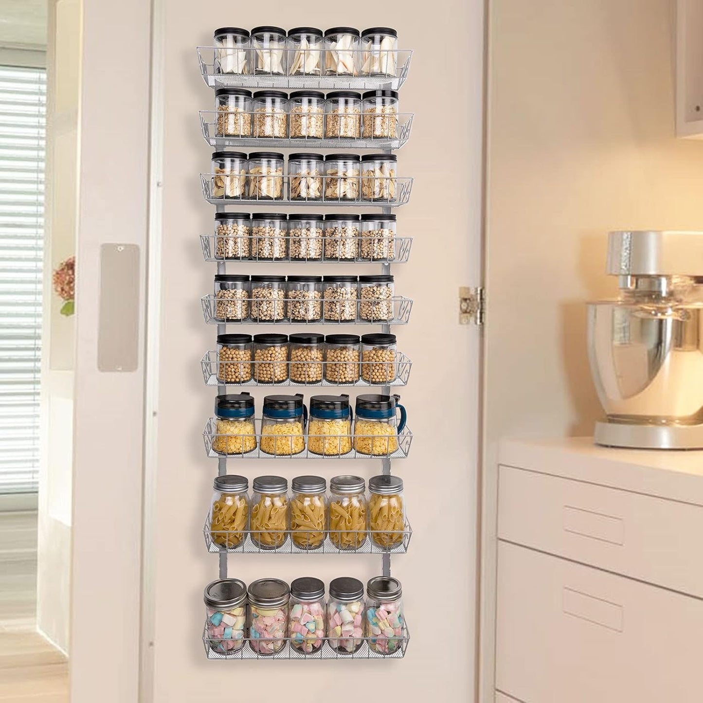 SWOMMOLY Adjustable Wall Mount Spice Rack, 9-Tier Dual-use (Multi-use) Organizer, Silver