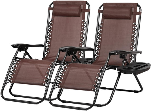 Nazhura Set of 2 Relaxing Recliners Patio Chairs Adjustable Steel Mesh Zero Gravity Lounge Chair Beach Chairs with Pillow and Cup Holder Khaki (Brown)