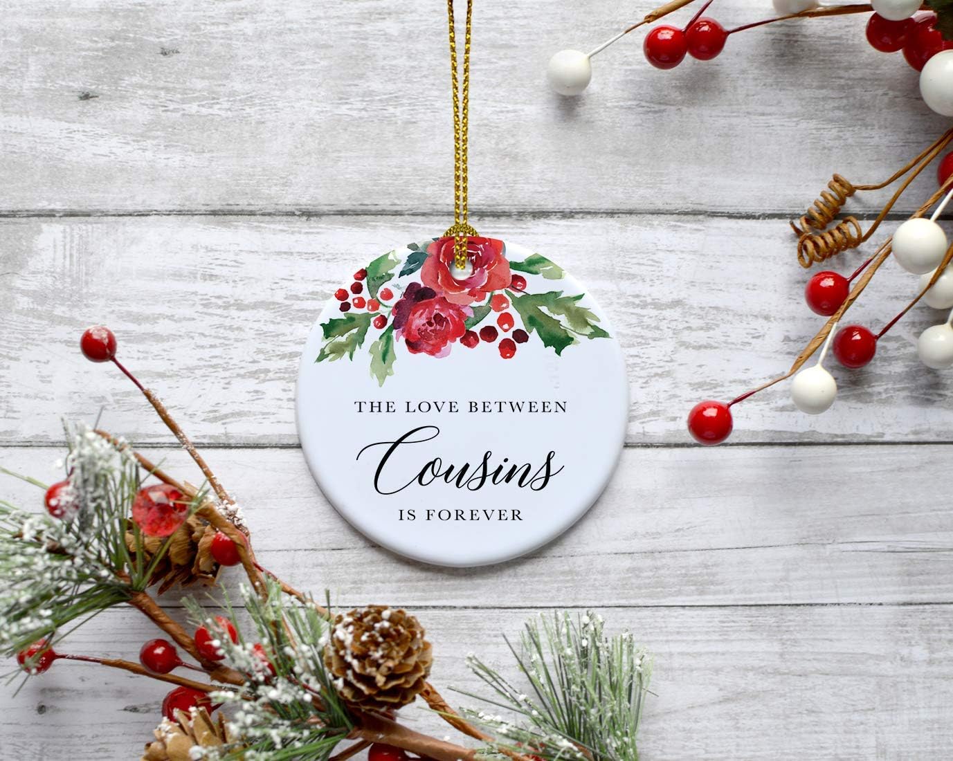 Andaz Press Round Ceramic Porcelain Christmas Tree Ornament Keepsake Gift for Cousins, The Love Between Cousins is Forever, 1-Pack Cousin Ornament 2025 Cousin Christmas Ornaments